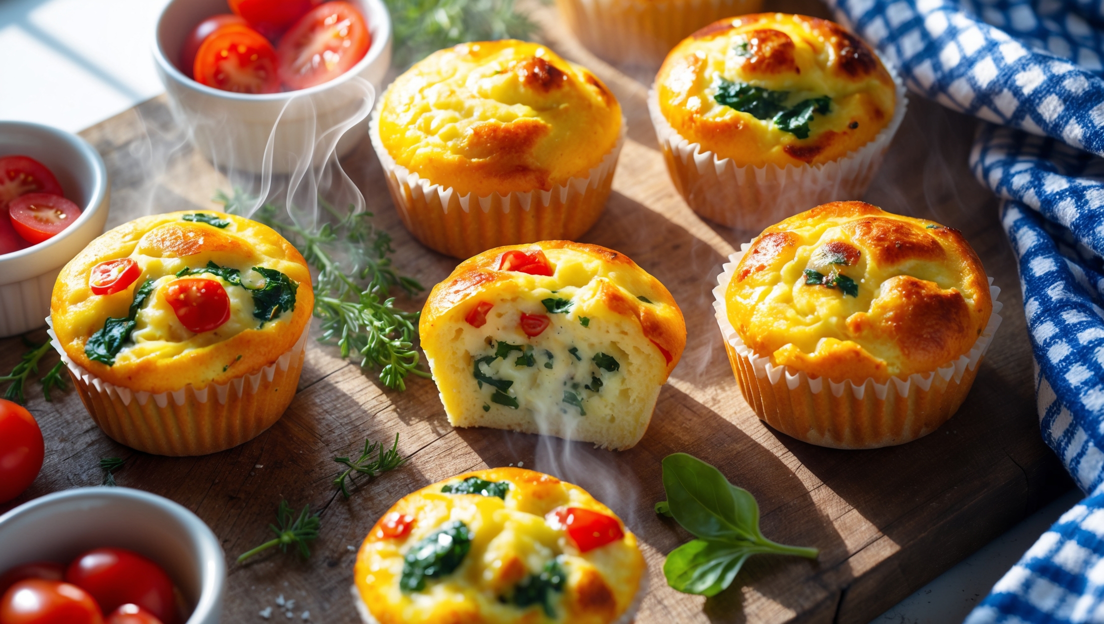 An overhead shot of golden-brown breakfast egg muffins arranged on a rustic wooden board, some whole and one cut in half to reveal a moist, fluffy interior filled with colorful specks of red bell pepper, green spinach, and melted cheese. Shot in bright natural morning light streaming through a kitchen window, creating slight shadows that highlight the puffed dome tops and slightly crisp edges. Small ramekins of fresh herbs, halved cherry tomatoes, and crumbled feta cheese surround the muffins, while a checkered blue kitchen towel adds warmth to the corner of the frame. Steam gently rises from the freshly-baked muffins, suggesting their warmth and inviting aroma.