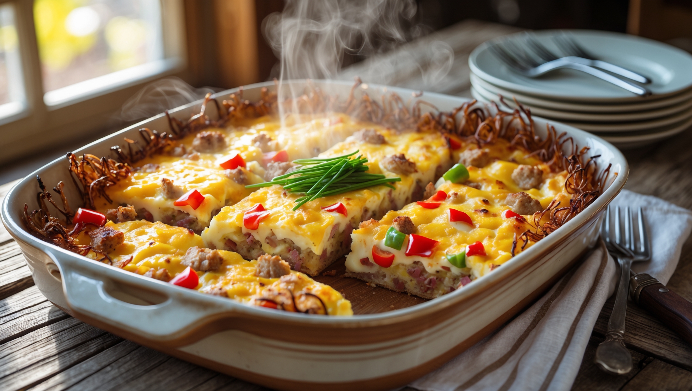 An overhead shot of the breakfast casserole freshly pulled from the oven, steam still rising from its golden, bubbling cheese surface. The cross-section reveals distinct layers of crispy hash browns, savory sausage, and fluffy egg mixture studded with colorful bell peppers. Shot in bright morning light streaming through kitchen windows, the casserole sits in a rustic ceramic baking dish on a wooden farmhouse table, garnished with fresh chives and accompanied by a stack of plates and forks suggesting an imminent family breakfast. The rich yellows of the eggs contrast beautifully with the red and green peppers, while the browned edges demonstrate perfect caramelization.