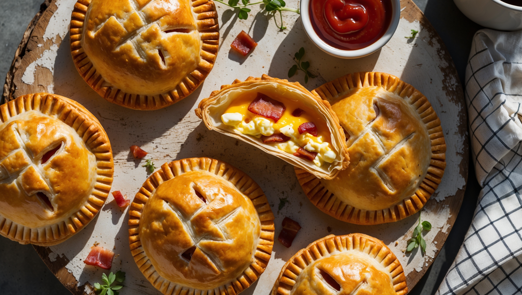 Overhead shot of golden-brown breakfast hand pies arranged on a distressed wooden board, with one pie broken open to reveal a steaming filling of scrambled eggs, cheese, and bacon bits. Morning sunlight streams across the scene, highlighting the flaky, multilayered pastry edges and the glistening egg wash finish. Several pies show decorative steam vents with slightly caramelized edges, while scattered fresh herbs and a small ramekin of homemade ketchup add pops of color. A checkered linen napkin and vintage mug of coffee complete the cozy breakfast tableau, emphasizing the hand pies' perfect grab-and-go nature.