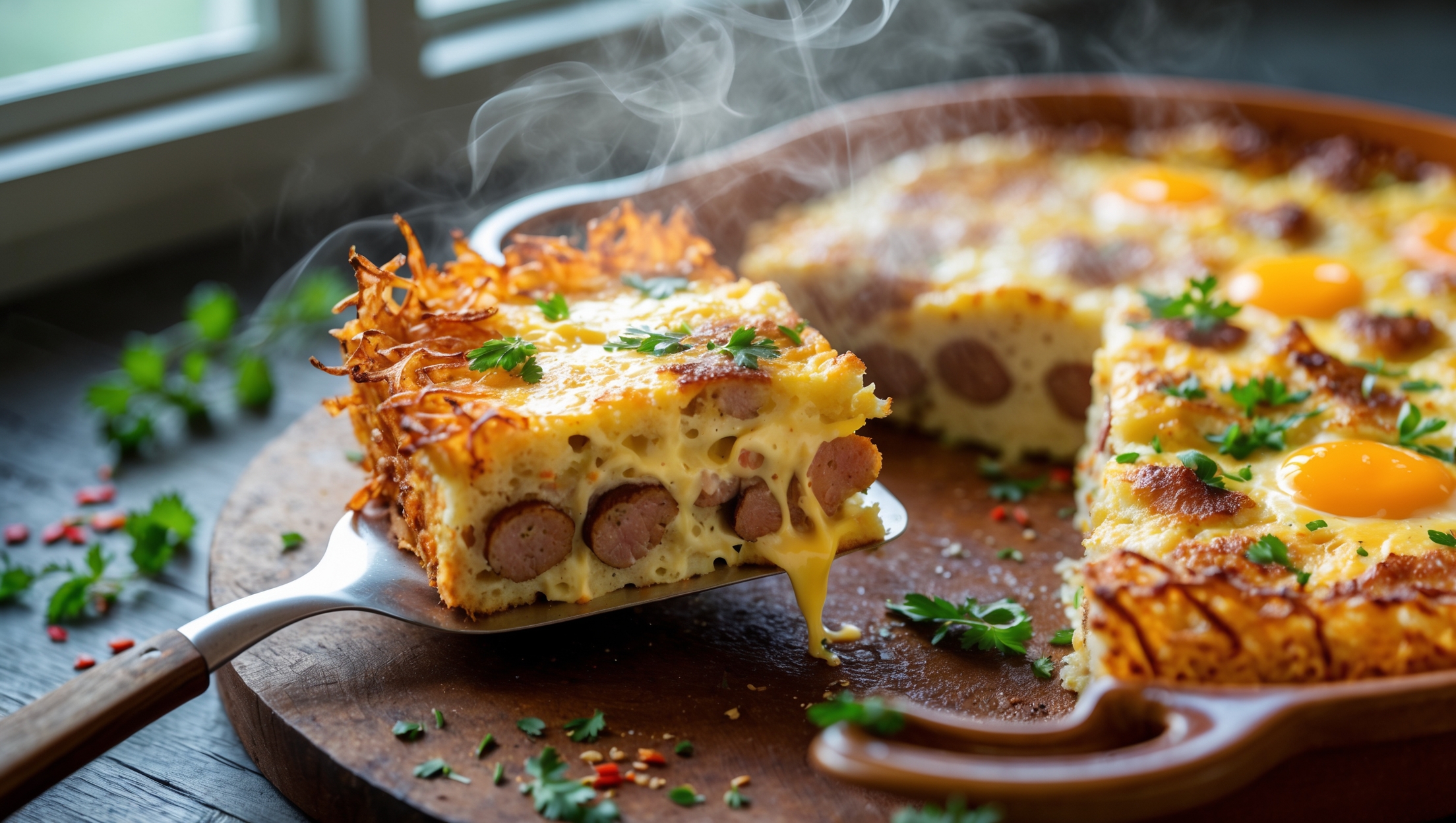 An overhead shot of the golden-brown Breakfast Hashbrown Casserole fresh from the oven, steam gently rising from its crispy top surface. The cross-section reveals distinct layers of crisp hashbrowns, savory sausage, and melted cheese bound together with fluffy egg mixture. Captured in soft morning light streaming through a kitchen window, the casserole sits on a rustic wooden serving board beside scattered fresh herbs and a sprinkle of red pepper flakes for color contrast. A serving spatula lifts a perfect portion, showcasing the stretchy cheese pull and the tender interior texture, with the edges perfectly caramelized against the earthenware baking dish.