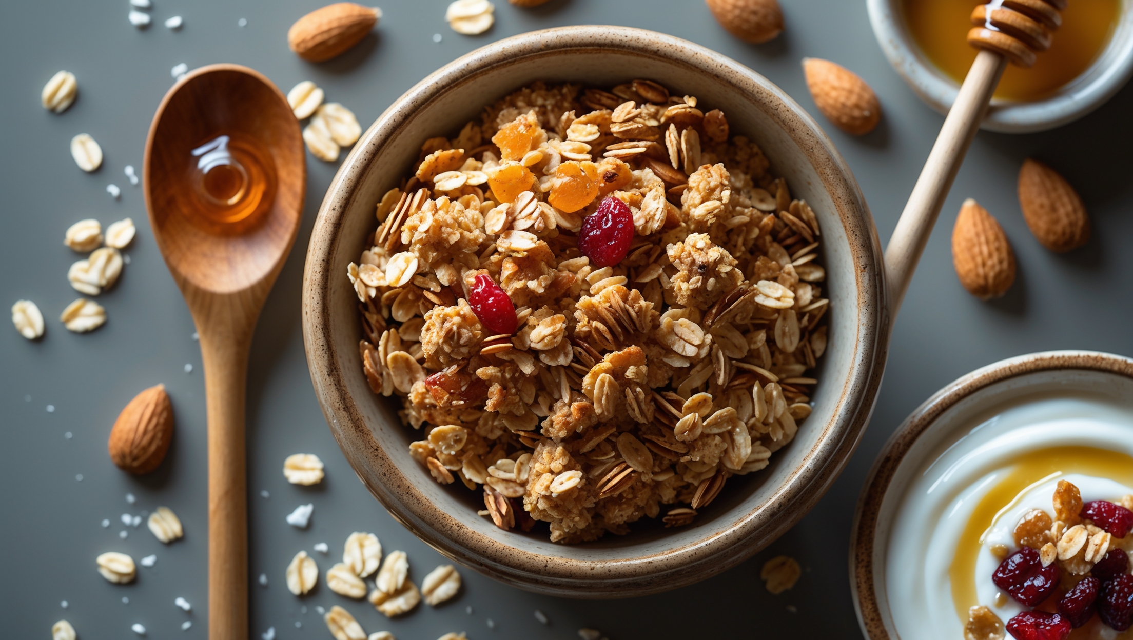 An overhead shot of golden-brown homemade granola heaped in a rustic ceramic bowl, with visible clusters and varied textures of oats, nuts, and dried fruits. Soft natural morning light illuminates the honey-kissed oat clusters, highlighting their craggy, caramelized surfaces. A wooden serving spoon rests beside the bowl alongside scattered raw ingredients—whole almonds, coconut flakes, and a small jar of honey with a dipper. In the background, a small bowl of Greek yogurt topped with the granola shows how it might be served, with a drizzle of honey catching the light as it falls across the arrangement.