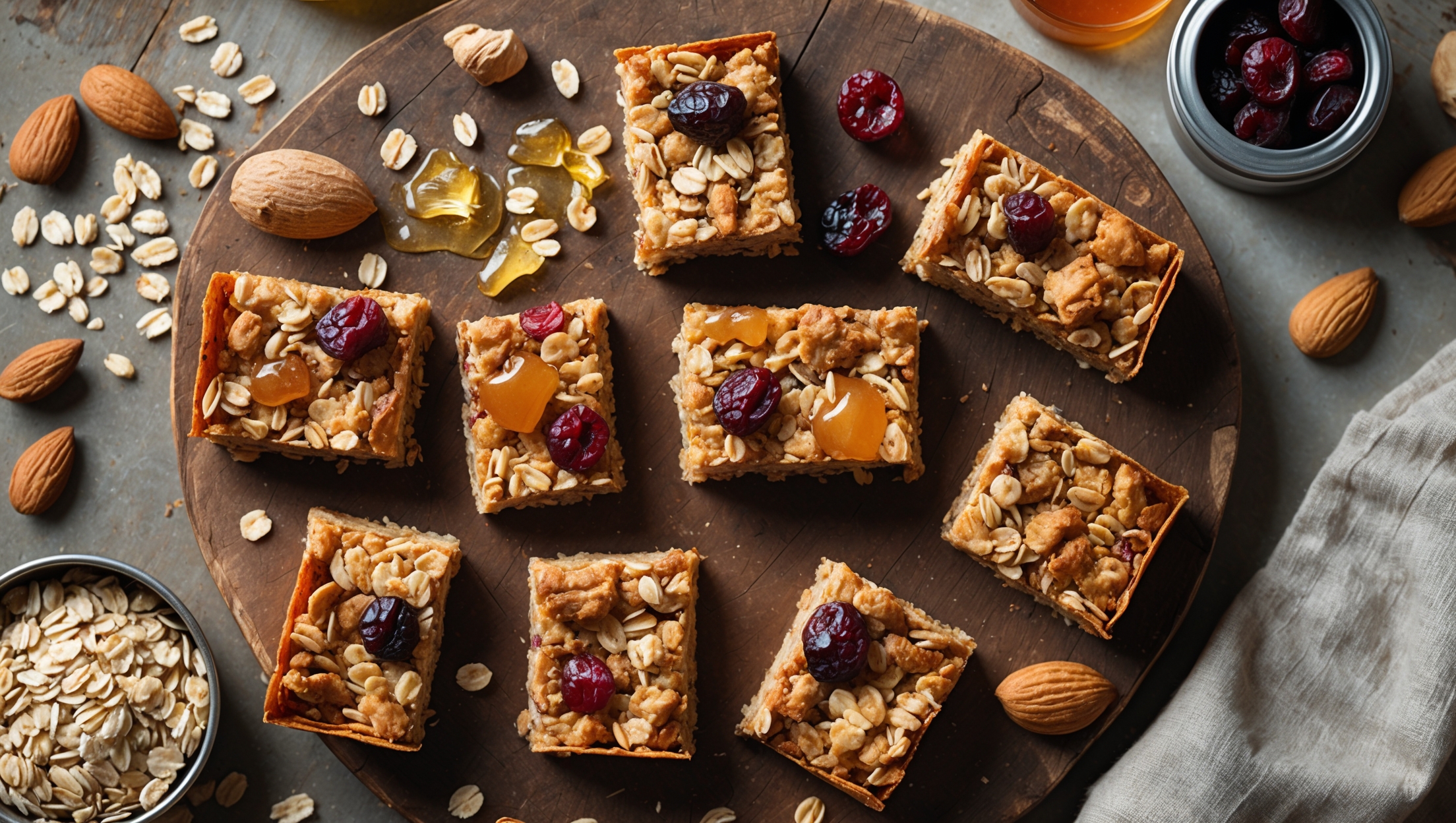 An overhead shot of rustic homemade granola bars arranged on a weathered wooden board, some whole and others broken to reveal their hearty texture. Soft natural light highlights the golden-brown edges and varied textures - toasted oats glistening with honey, chunky nuts, and jewel-toned dried fruits scattered throughout. Several loose ingredients (oats, almonds, honey jar, dried cranberries) artfully arranged around the bars create context. A linen napkin and vintage metal tin suggest these are perfect portable snacks. The warm color palette of ambers, deep reds, and earthy browns emphasizes the wholesome, nutritious nature of these homemade treats.