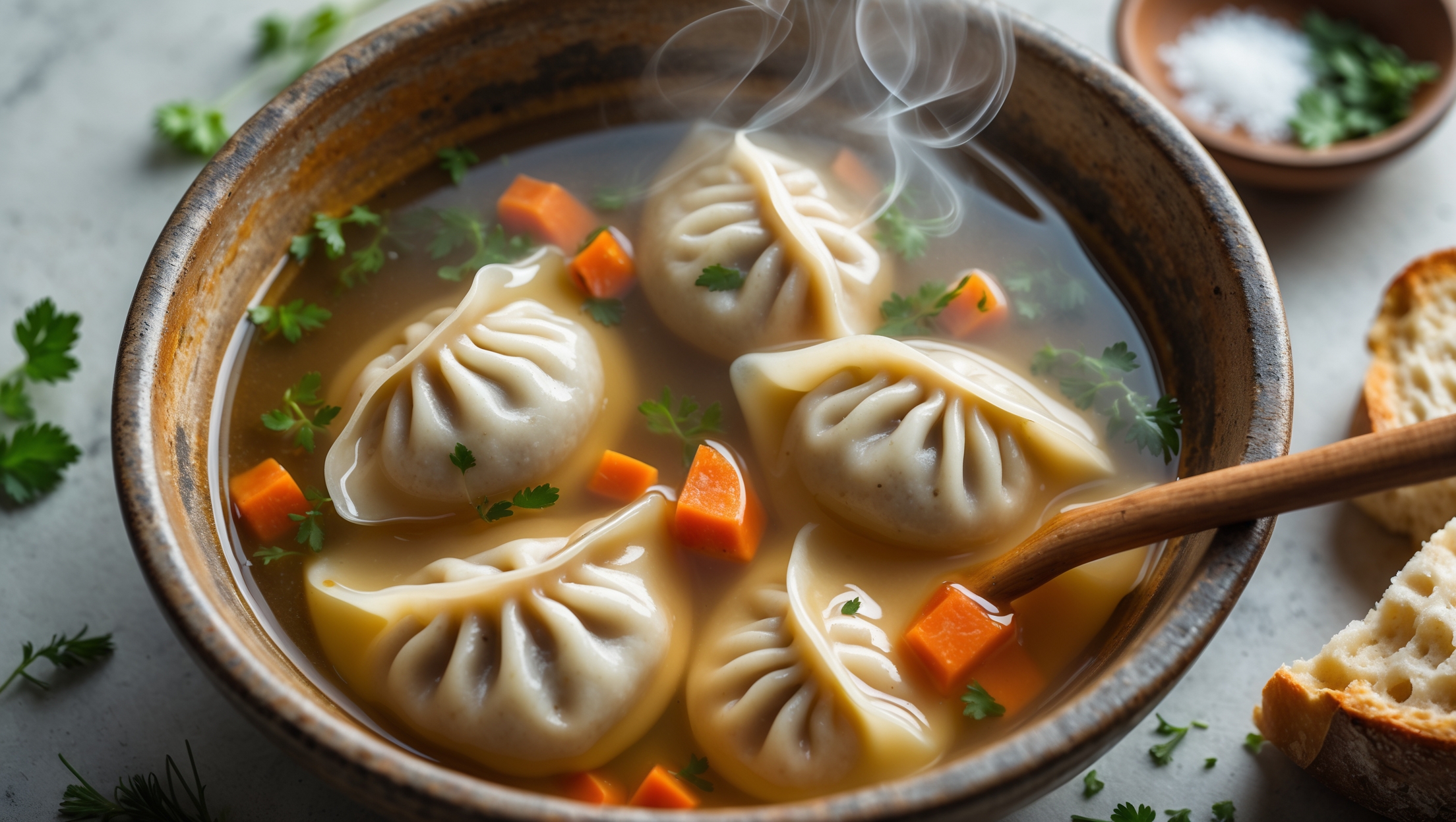 An overhead shot of a rustic ceramic bowl filled with steaming dumpling soup, capturing the pillowy dumplings partially submerged in a clear, golden broth. Vibrant chunks of carrots, celery, and herbs float between the dumplings, their colors popping against the amber liquid. Shot in soft natural light that highlights the gentle wisps of steam rising from the surface, with a wooden spoon resting on the side of the bowl. In the background, a scatter of fresh herbs and a small bowl of sea salt create context, while a chunk of crusty bread sits nearby, ready for dipping.
