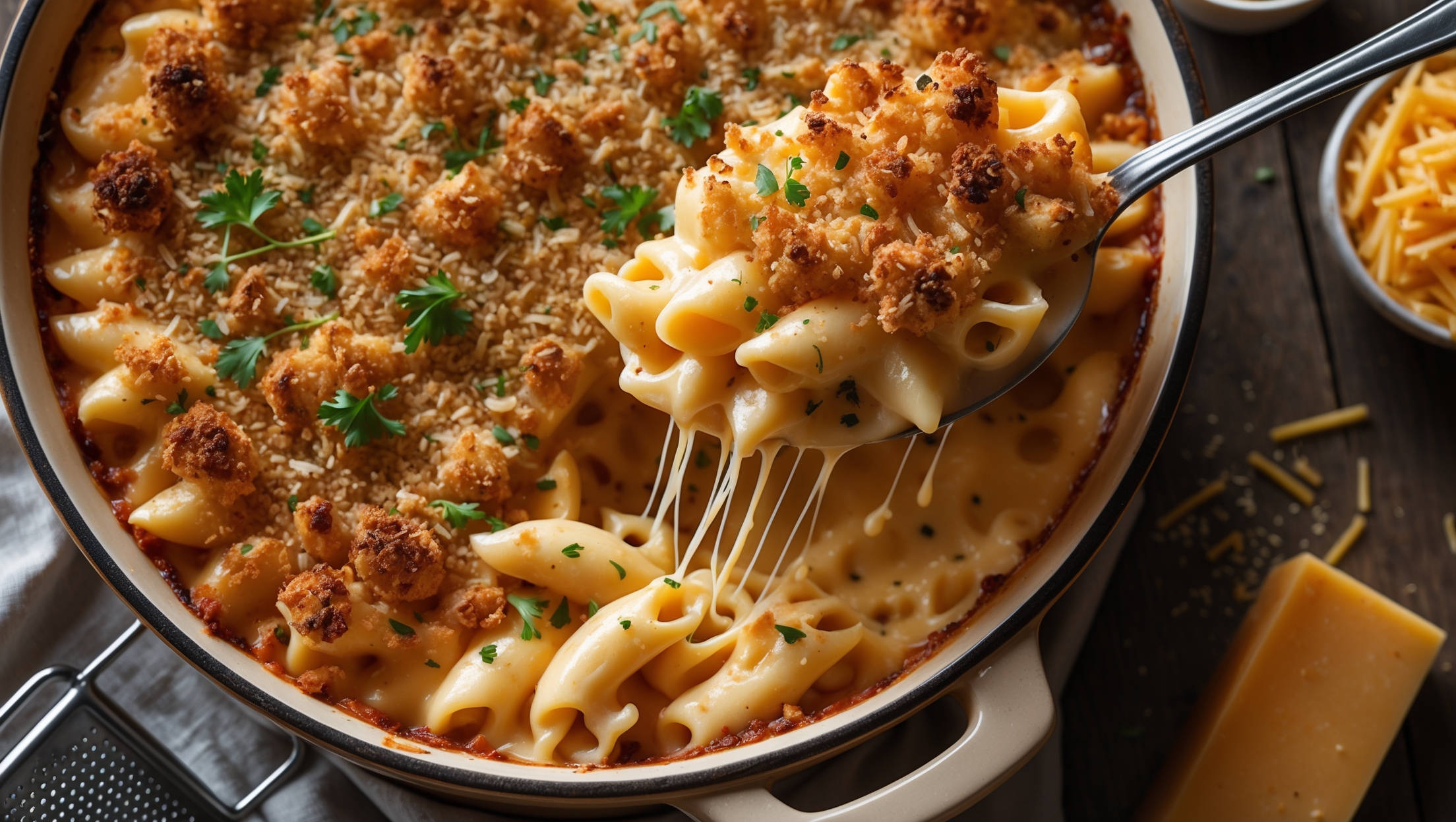 An overhead shot of a bubbling ceramic dish of mac and cheese fresh from the oven, with a golden-brown, crispy breadcrumb topping. A serving spoon lifts a portion, revealing long, stretchy cheese pulls connecting to the dish. The cross-section displays pasta shells thoroughly coated in velvety cheese sauce. The scene is bathed in warm, natural window light, highlighting the contrast between the crisp topping and creamy interior. Flecks of black pepper and chopped fresh parsley add color contrast against the rich, amber-colored cheese sauce. The dish sits on a rustic wooden table with scattered ingredients—a block of cheddar, grater, and small bowl of breadcrumbs—completing this comfort food portrait.
