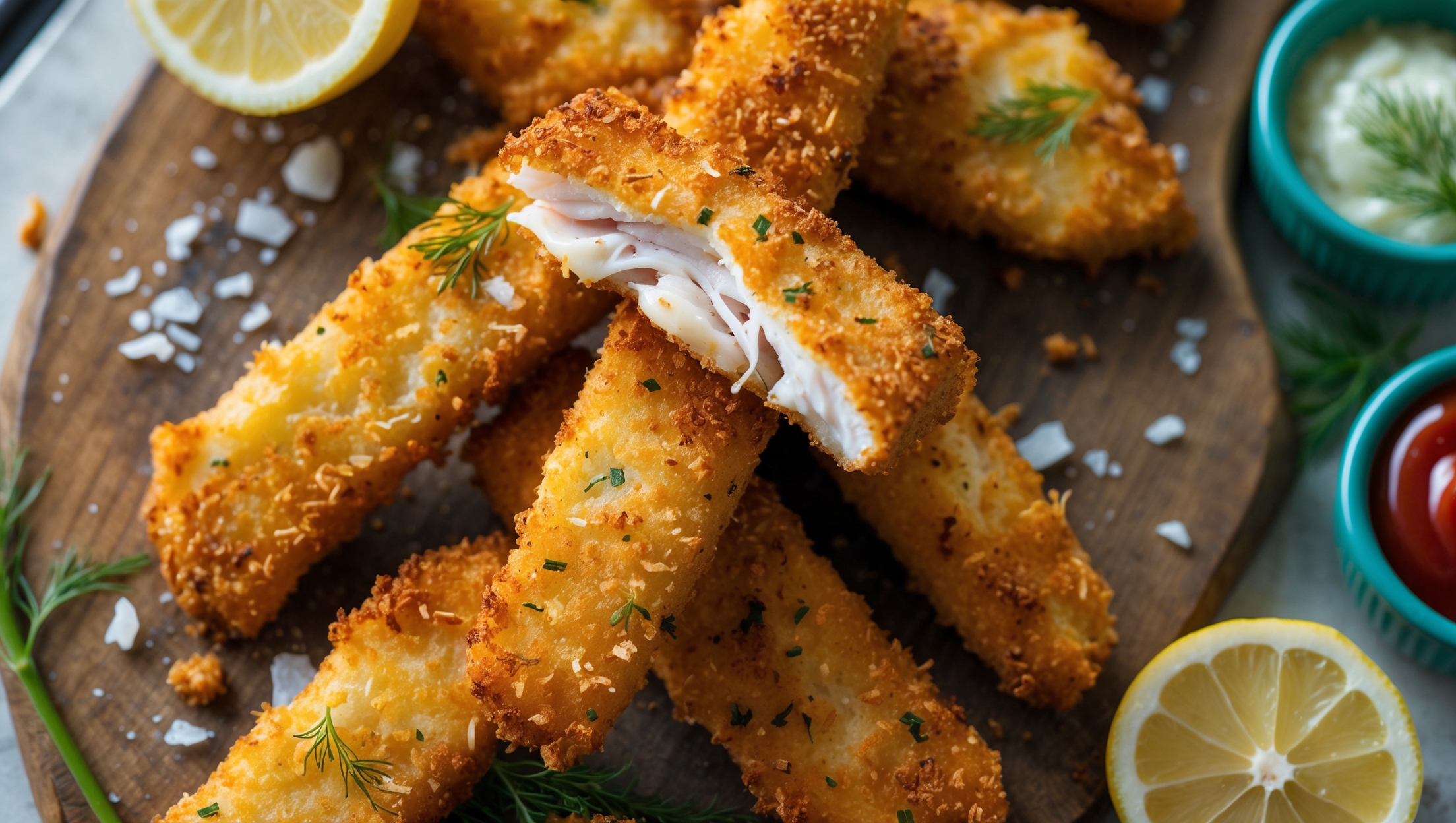 An overhead shot of golden-brown homemade fish fingers arranged on a rustic wooden serving board, with some stacked in a criss-cross pattern showing their crispy exterior. Natural window light highlights the crunchy panko breadcrumb coating with visible herbs and spices. A halved lemon sits nearby, with droplets of juice glistening on its surface. Small ramekins of tartar sauce and ketchup add pops of color, while a sprinkling of sea salt flakes and fresh dill garnishes the composition. The contrast between the golden exterior and the visible flaky white fish peeking through a broken piece emphasizes the homemade quality.