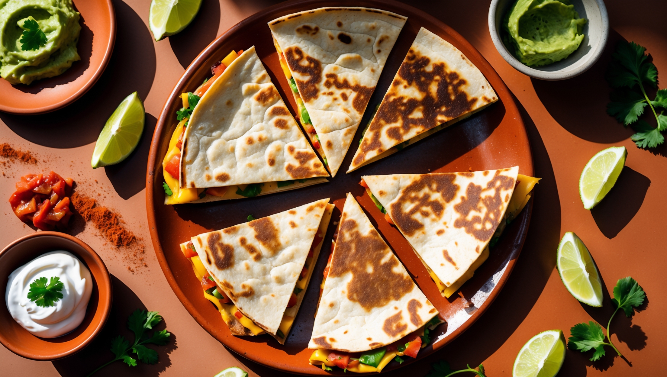 Overhead shot of golden-brown quesadilla wedges arranged on a rustic clay plate, showcasing the perfectly crisp exterior and stretchy cheese pulls as one piece is lifted. The cross-section reveals layers of melted cheese marbled with flecks of vibrant fillings against the backdrop of a terracotta tile counter. Soft natural light streams in from the side, highlighting the browned edges and creating appetizing shadows. Scattered around the composition are small bowls of bright guacamole, ruby-red salsa, and a dollop of sour cream, with lime wedges and cilantro sprigs for color contrast. Fine sprinkles of chili powder add warm red accents against the golden tortillas.