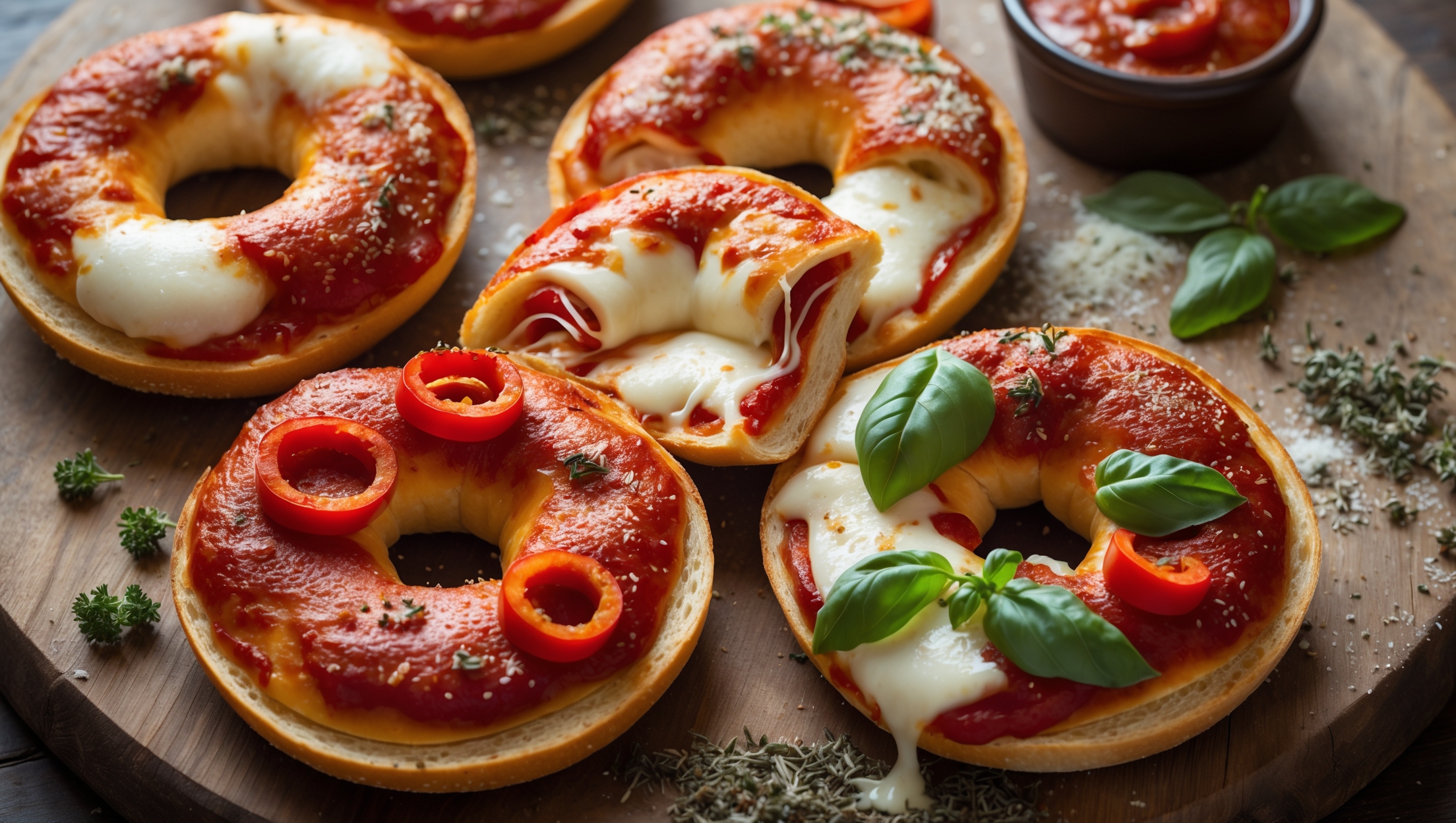 An overhead shot showcases a rustic wooden board laden with golden-brown homemade pizza bagels fresh from the oven. Melted mozzarella bubbles and stretches between pieces when pulled apart, while vibrant red tomato sauce peeks through. Several bagel halves feature different toppings—pepperoni slices curl at the edges, diced bell peppers add bright pops of color, and fresh basil leaves glisten under a light drizzle of olive oil. Soft natural light highlights the crispy edges of the bagels while a dusting of dried oregano and grated parmesan adds texture. In the background, a small ramekin of extra pizza sauce and scattered dried herbs frame the composition, completing this casual yet irresistible snack spread.