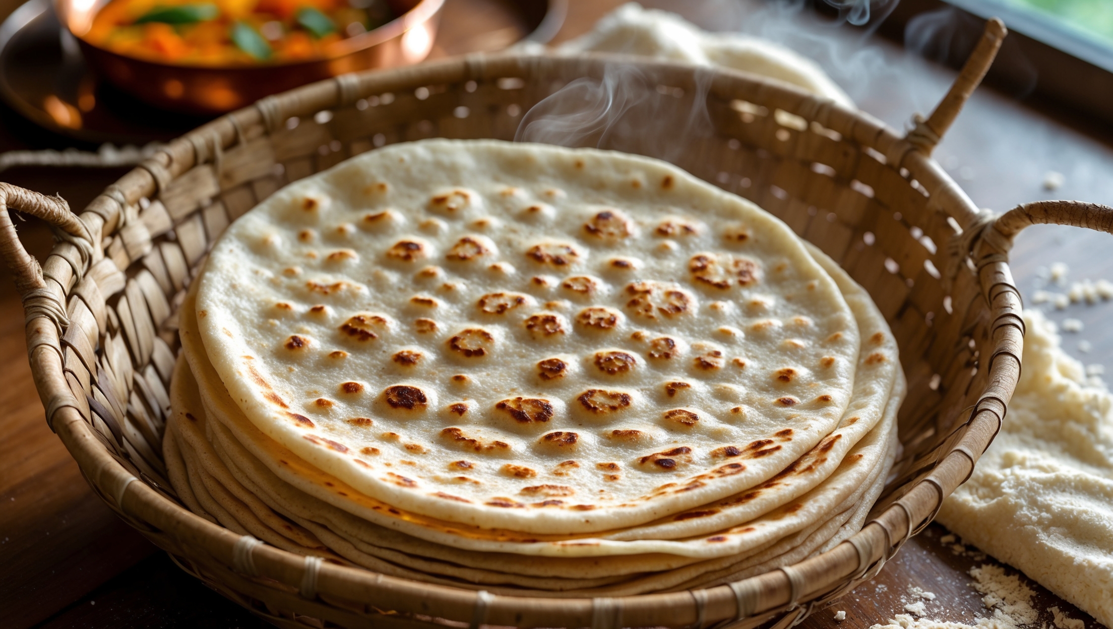 An overhead shot of freshly made roti stacked in a traditional woven basket, with one piece partially folded to reveal its soft, pillowy interior. The flatbreads display beautiful golden-brown blistered spots against their light wheat backdrop, captured in warm natural light streaming through a kitchen window. Steam gently rises from the stack, suggesting they're fresh off the tawa. In the background, a hint of colorful curry in a copper serving bowl and scattered whole wheat flour on a wooden surface add context and depth to the composition, emphasizing the roti's role as a staple accompaniment to flavorful dishes.