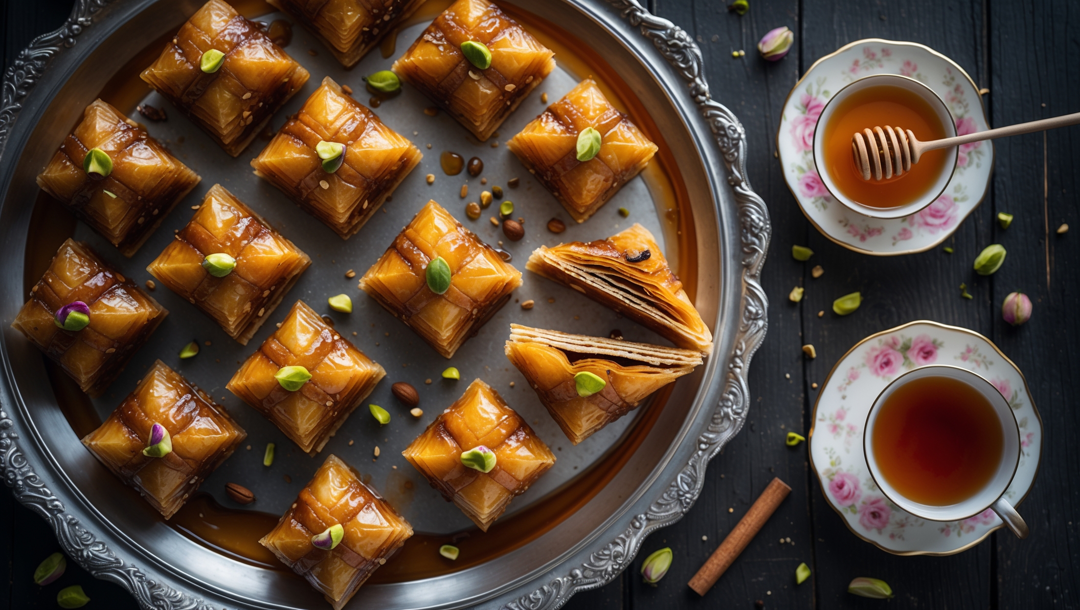 An overhead shot of diamond-shaped Honey Baklava pieces arranged on an ornate silver platter, with one piece slightly pulled away revealing the perfect layers of golden-brown phyllo and nut filling. Soft natural light catches the glistening honey syrup that coats each piece, highlighting the amber tones and flaky texture. The platter sits on a dark wooden table scattered with chopped pistachios, cinnamon sticks, and a small bowl of honey with a dipper. A delicate rose-patterned teacup filled with Turkish tea sits alongside, suggesting the perfect pairing for this rich dessert. The close-up details show the precise layering technique, with each phyllo sheet distinctly visible and the nut mixture appearing perfectly spiced and textured.