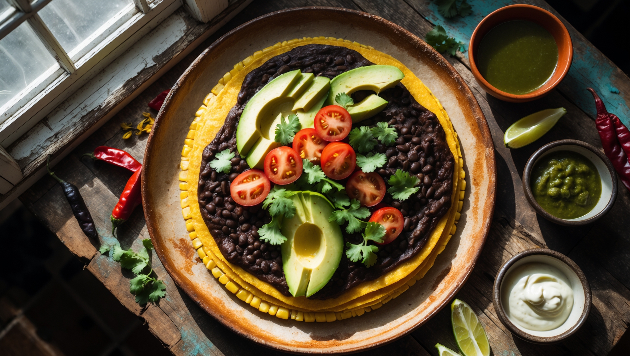 An overhead shot captures a perfectly baked tlayuda on a rustic clay plate, its large circular form showcasing a beautifully crisp, slightly charred corn base. Natural daylight streams through a kitchen window, highlighting the contrasting layers - the glossy black bean spread, melted ribbons of queso Oaxaca, bright green avocado slices, and vibrant red tomatoes. A sprinkle of fresh cilantro adds pops of green across the surface, while lime wedges and small bowls of salsa verde and crema sit alongside. Scattered corn masa and dried chiles decorate the weathered wooden table beneath, emphasizing the authentic Mexican cooking experience.
