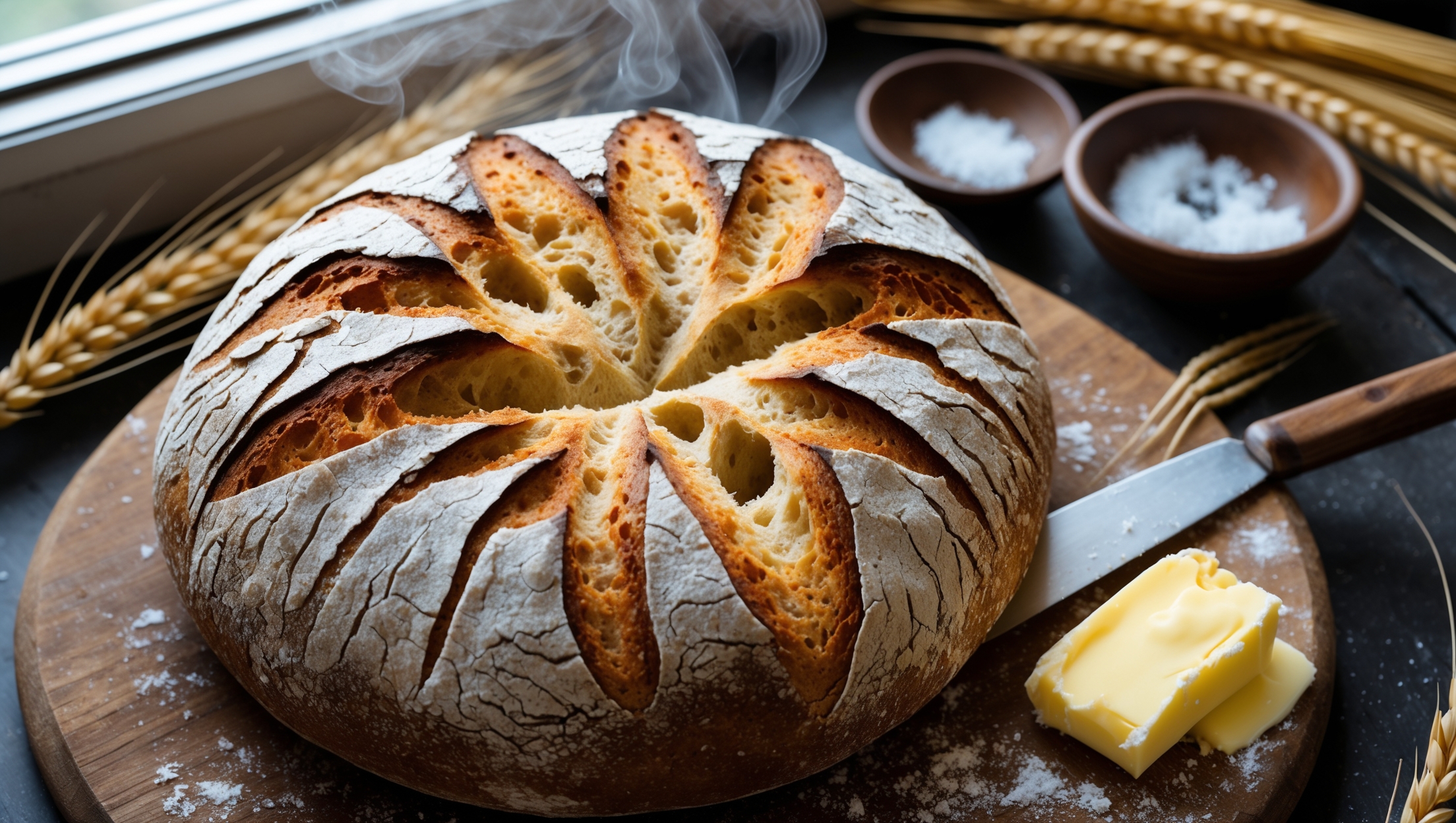 An overhead shot of a freshly baked round loaf with a beautifully cracked golden-brown crust dusted with flour, placed on a rustic wooden board. A cross-section reveals the bread's open, airy crumb structure with varying sized holes throughout. Shot in soft natural light from a kitchen window, steam visibly rising from the just-sliced bread. Surrounding the loaf are scattered wheat stalks, a small bowl of sea salt, and a butter knife with a pat of melting butter. The warm, inviting scene captures the contrast between the crackling exterior and the soft, pillowy interior of this homemade creation.