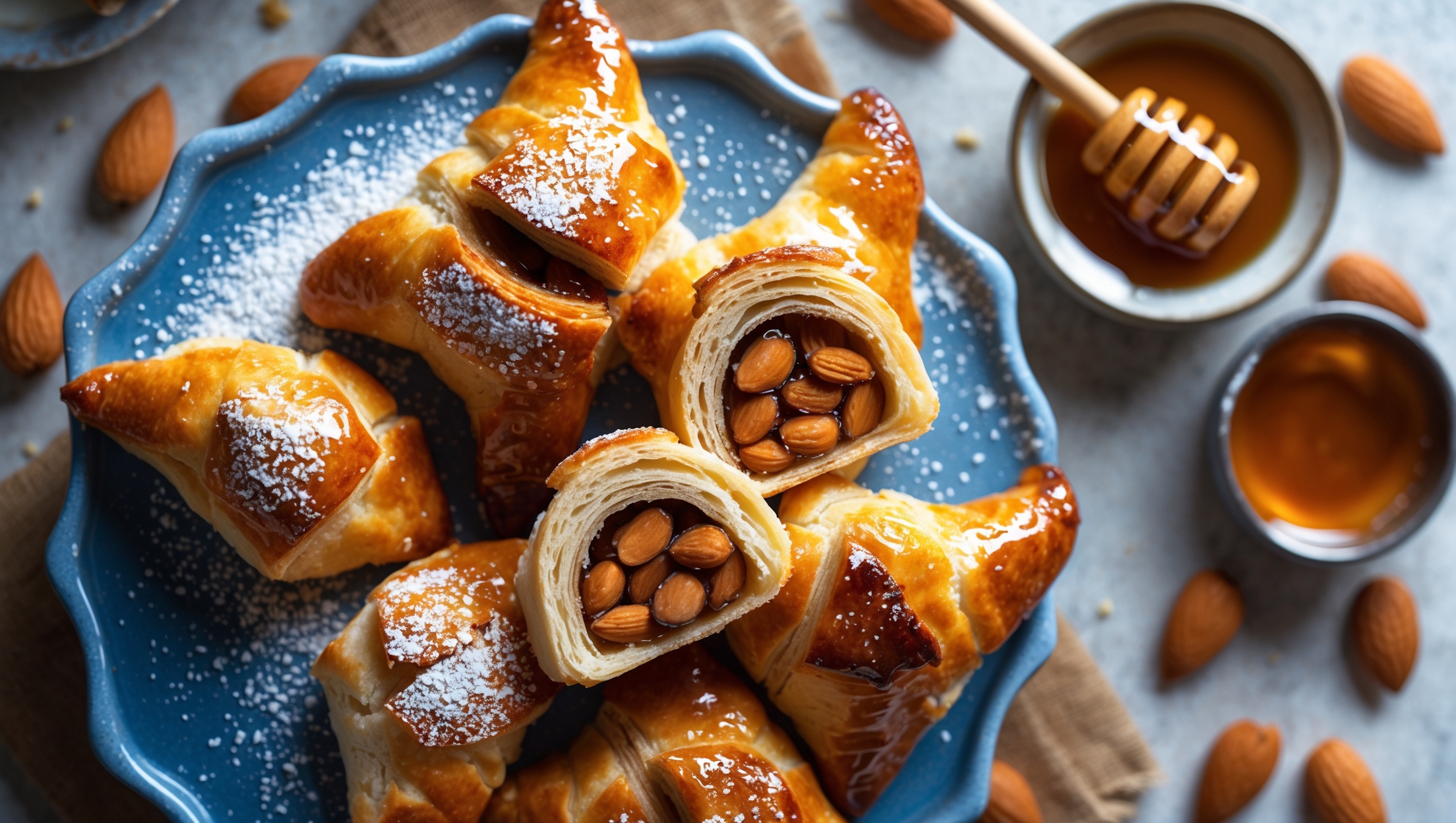An overhead shot of golden-brown honey almond pastries arranged on a vintage blue ceramic cake stand, with a cross-section view revealing the dense almond filling. Soft natural light streams from a nearby window, highlighting the flaky layers of pastry and the caramelized honey glaze that glistens on the surface. Scattered raw almonds and a small pot of amber honey with a wooden dipper create visual context around the pastries. A dusting of powdered sugar adds a delicate contrast against the deep golden tones of the pastries, while a few pastries show bite marks exposing the rich, textured almond filling within.