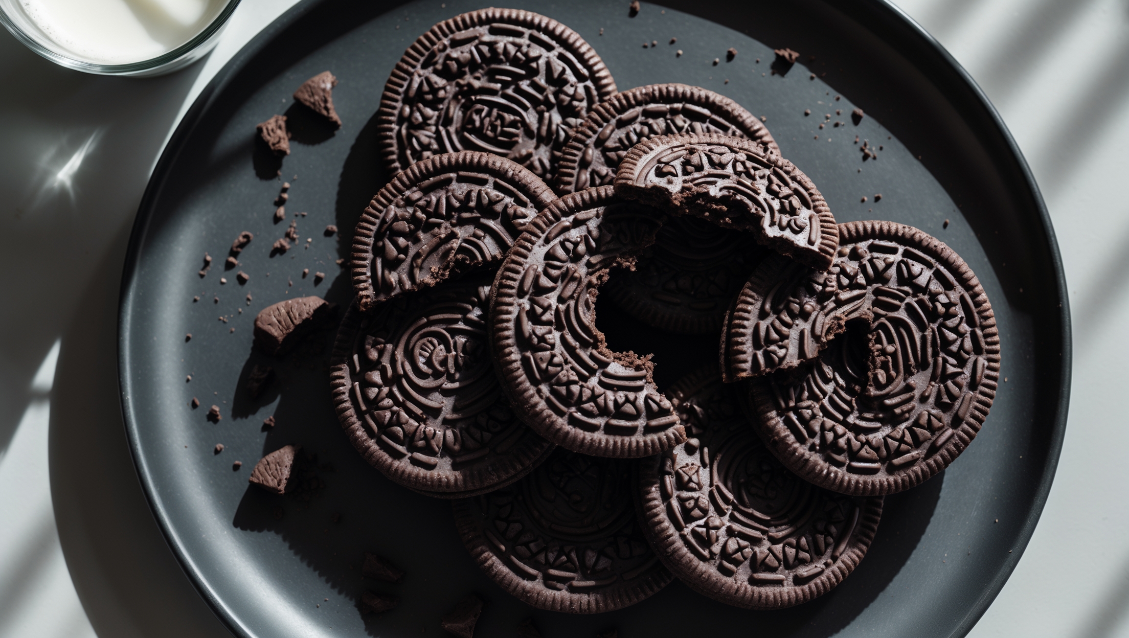 An overhead shot of homemade Oreo cookies arranged in a spiral pattern on a matte black ceramic plate, with one cookie broken in half to reveal the stark contrast between the dark chocolate cookies and bright white filling. Soft natural light creates gentle shadows that highlight the embossed patterns on the cookie tops, while crumbs scattered artfully around the plate add texture. A small glass of milk sits partially in frame, suggesting the classic pairing. The cookies display crisp, defined edges and a slightly glossy surface that indicates their perfect bake, with the filling showing a smooth, pillowy texture that's slightly thicker than commercial versions.
