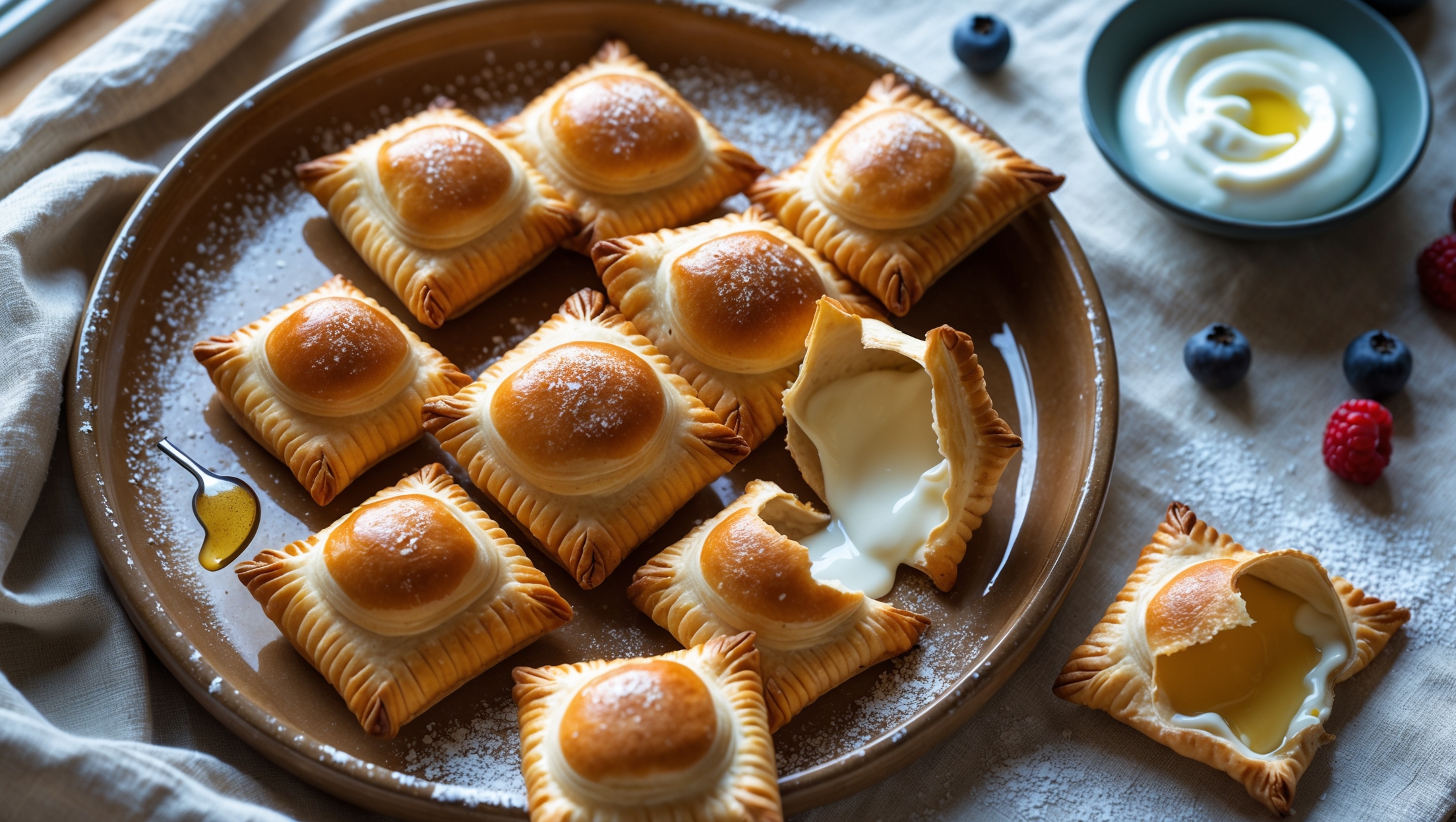 An overhead shot of golden-brown yogurt pouches arranged on a rustic ceramic platter, some whole and others broken open to reveal the creamy yogurt filling gently oozing out. The natural light streaming through a kitchen window highlights the flaky, buttery layers of the dough and the subtle sheen of honey drizzled on top. In the background, a small bowl of Greek yogurt and scattered berries add pops of color against the neutral linen tablecloth, while a dusting of powdered sugar creates delicate contrast against the caramelized edges of the pouches.