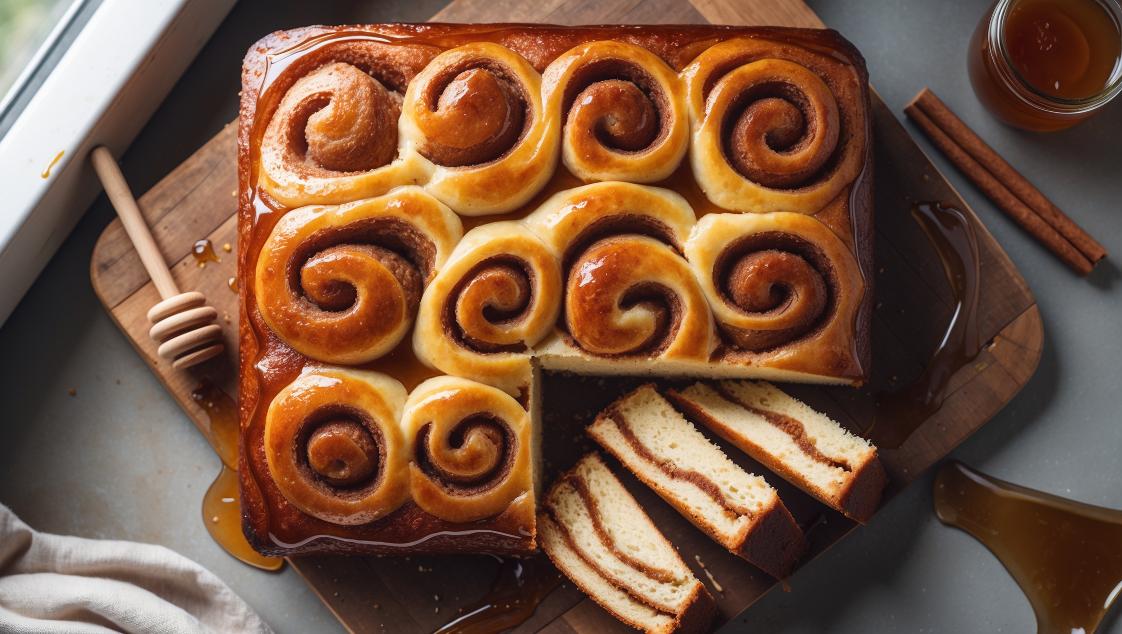 An overhead shot of a golden-brown Honey Bun Sheet Cake with distinctive cinnamon swirls visible throughout its surface. The cake sits on a rustic wooden cake board, bathed in soft window light that highlights the glossy vanilla glaze dripping tantalizingly down the sides. A cross-section view reveals the tender, moist crumb with beautiful ribbons of cinnamon sugar winding through the interior. Several slices have been cut, showcasing the perfect texture and honey-cinnamon layers. A small jar of honey with a wooden dipper and a sprinkle of cinnamon sticks artfully arranged alongside the cake complete this inviting scene that emphasizes the cake's homestyle comfort and irresistible sweetness.