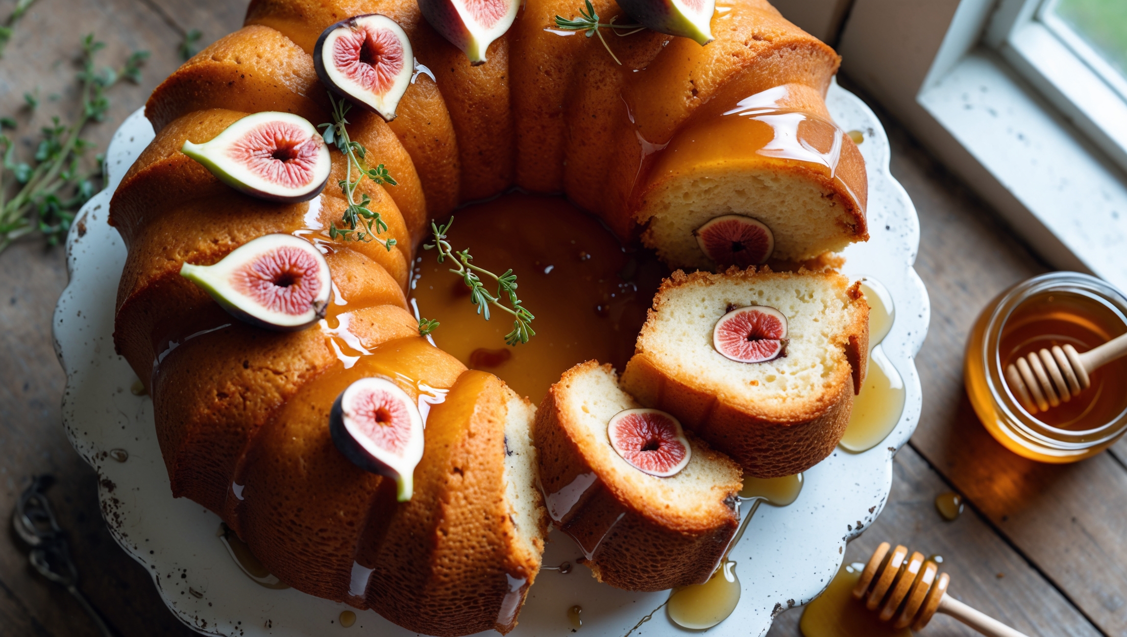 An overhead shot of a golden-brown bundt cake on a vintage white pedestal stand, glistening with honey glaze that cascades down its ridged surface. Multiple slices have been removed, revealing a moist, tender crumb studded with soft pink fig pieces throughout. The cake is garnished with fresh fig halves and thyme sprigs, while a small pot of amber honey with a dipper sits nearby. Soft natural light streams in from a side window, highlighting the cake's glossy surface and the scattered drops of honey on the rustic wooden table beneath.