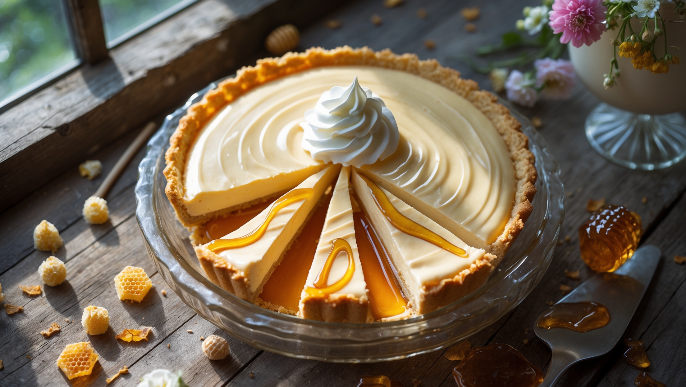 An overhead shot of a perfectly sliced honey cream pie reveals its layers – a golden graham cracker crust supporting a smooth, pale amber filling that catches the soft natural light streaming through a nearby window. A dollop of freshly whipped cream adorns each slice, with thin ribbons of honey cascading down the sides. The pie rests on a vintage milk glass cake stand against a rustic wooden table, with scattered honeycomb pieces and fresh flowers creating visual interest. The glistening surface of the honey-infused filling shows delicate ripples, highlighting its creamy consistency and the rich golden hue that deepens toward the edges.