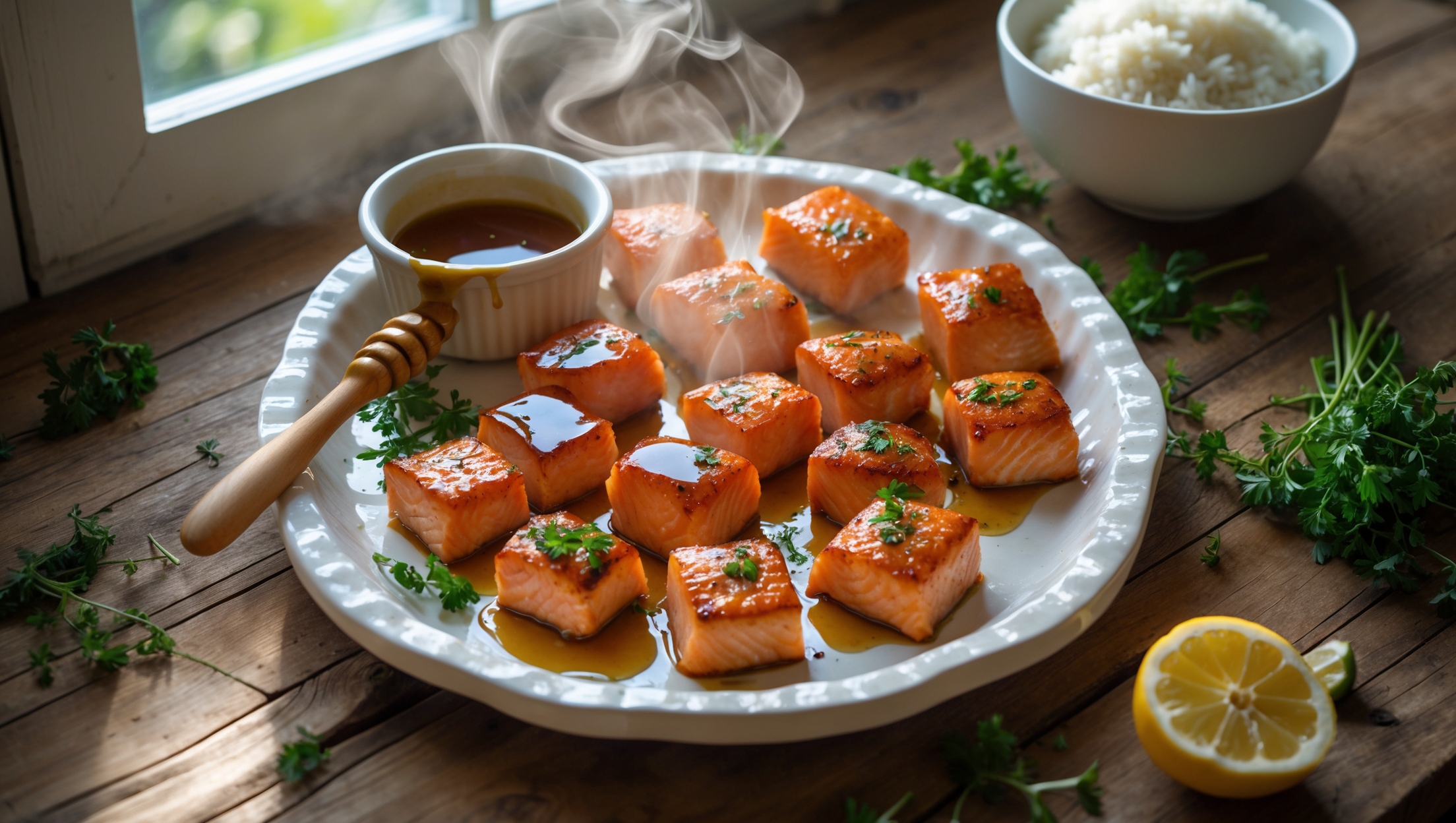 An overhead shot of golden-brown salmon bites arranged on a white ceramic platter, their glossy honey-garlic glaze catching the soft natural light streaming through a kitchen window. Steam rises gently from the just-baked morsels, highlighting their succulence. A small ramekin of extra glaze sits nearby, with a wooden drizzling spoon resting across it. Fresh herbs are scattered around the platter, providing vibrant green contrast against the amber-hued salmon. In the background, a bowl of fluffy white rice and a halved lemon create a complete meal setting on a rustic wooden table.