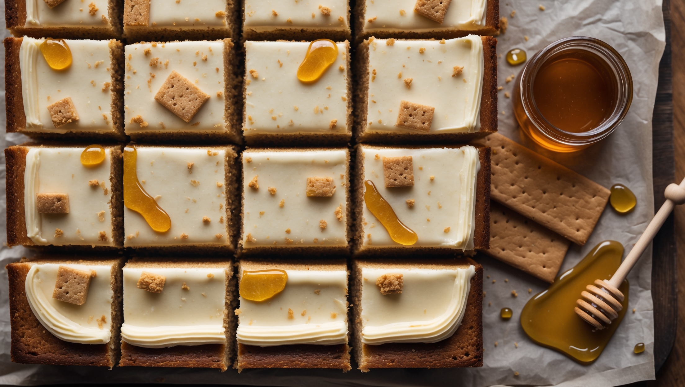 An overhead shot of a golden-brown sheet cake with visible flecks of graham cracker crumbs throughout, cut into perfect squares revealing its moist, tender crumb. The cake is topped with a smooth layer of honey cream cheese frosting that glistens under soft natural light, with delicate drizzles of amber honey cascading down the sides. A few whole graham crackers are arranged artistically in one corner, while a small jar of honey with a wooden dipper sits nearby on a rustic wooden serving board. The warm, caramel tones of the cake contrast beautifully with the cream-colored frosting, creating a homey yet elegant presentation that highlights this nostalgic dessert's inviting texture.