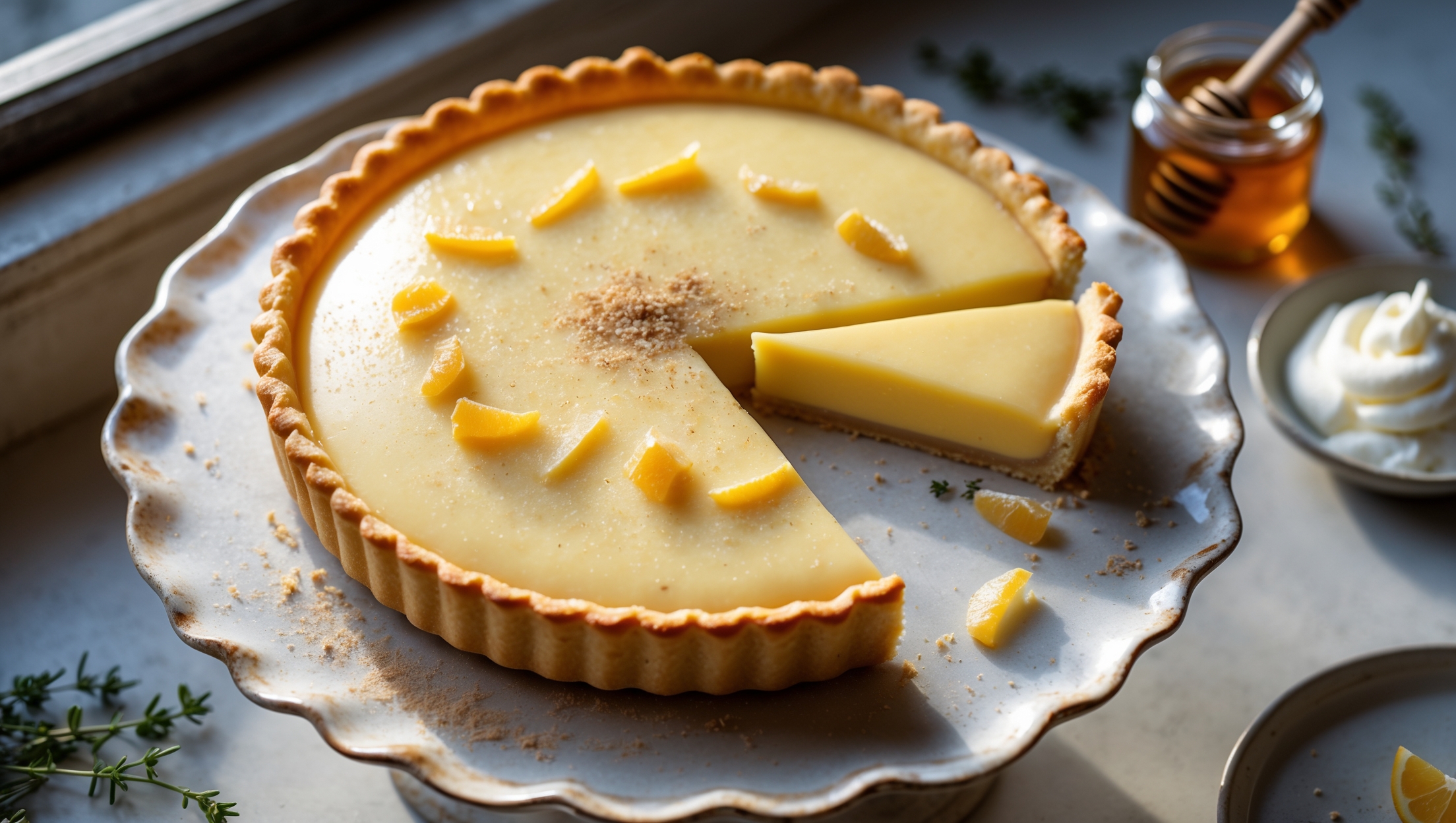 An overhead shot of a perfectly golden Honey Custard Tart resting on a vintage ceramic cake stand, its surface gleaming with a subtle sheen. Natural window light casts a gentle glow across the tart, highlighting the smooth, pale yellow custard surface that's garnished with a light dusting of freshly grated nutmeg and thin strips of candied lemon peel. A slice has been removed, revealing the delicate honey-infused custard layer above the crisp, buttery pastry base. In the background, out-of-focus elements include a small jar of artisanal honey with a wooden dipper and scattered fresh thyme sprigs, while a dollop of lightly whipped cream melts slightly against the warm slice on an accompanying dessert plate.