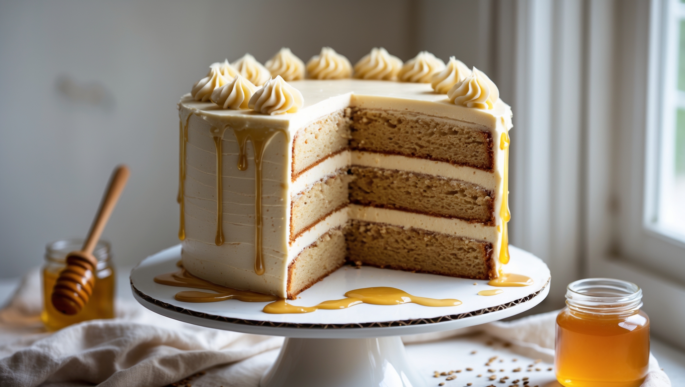 An elegant three-layer cake photographed in soft natural light streaming through a window, showing a perfect cross-section that reveals moist golden-brown layers separated by delicate cream-colored frosting. The exterior features smoothly applied tahini buttercream with deliberate textured swirls and drips of golden honey cascading down the sides. The cake sits on a simple white ceramic cake stand against a neutral linen backdrop, with scattered sesame seeds and small jars of honey and tahini strategically placed nearby. Close-up details capture the fine crumb texture of the cake and the luxurious sheen of the honey drizzle, emphasizing the cake's perfect balance of rustic and refined elements.