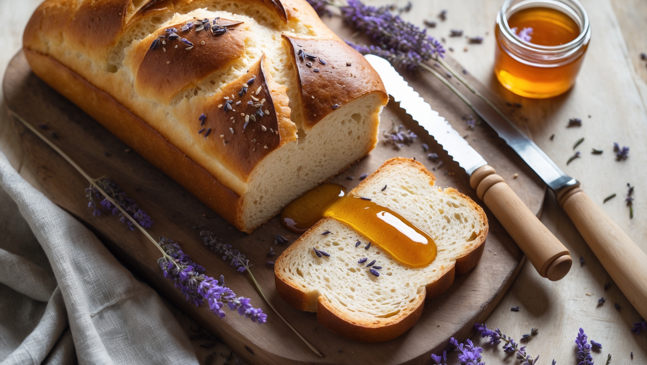 An overhead shot of a perfectly golden-brown honey lavender sandwich loaf on a rustic wooden board, with one end sliced to reveal its tender, light crumb structure. The bread is captured in soft natural daylight, highlighting its gently domed top and subtle flecks of dried lavender throughout. A small jar of lavender-infused honey sits nearby with a wooden dipper drizzling golden honey onto a warm slice, creating an appetizing glisten. A sprig of fresh lavender and scattered dried buds provide color contrast against the warm tones of the bread, while a linen napkin and vintage bread knife complete this cozy, artisanal scene.
