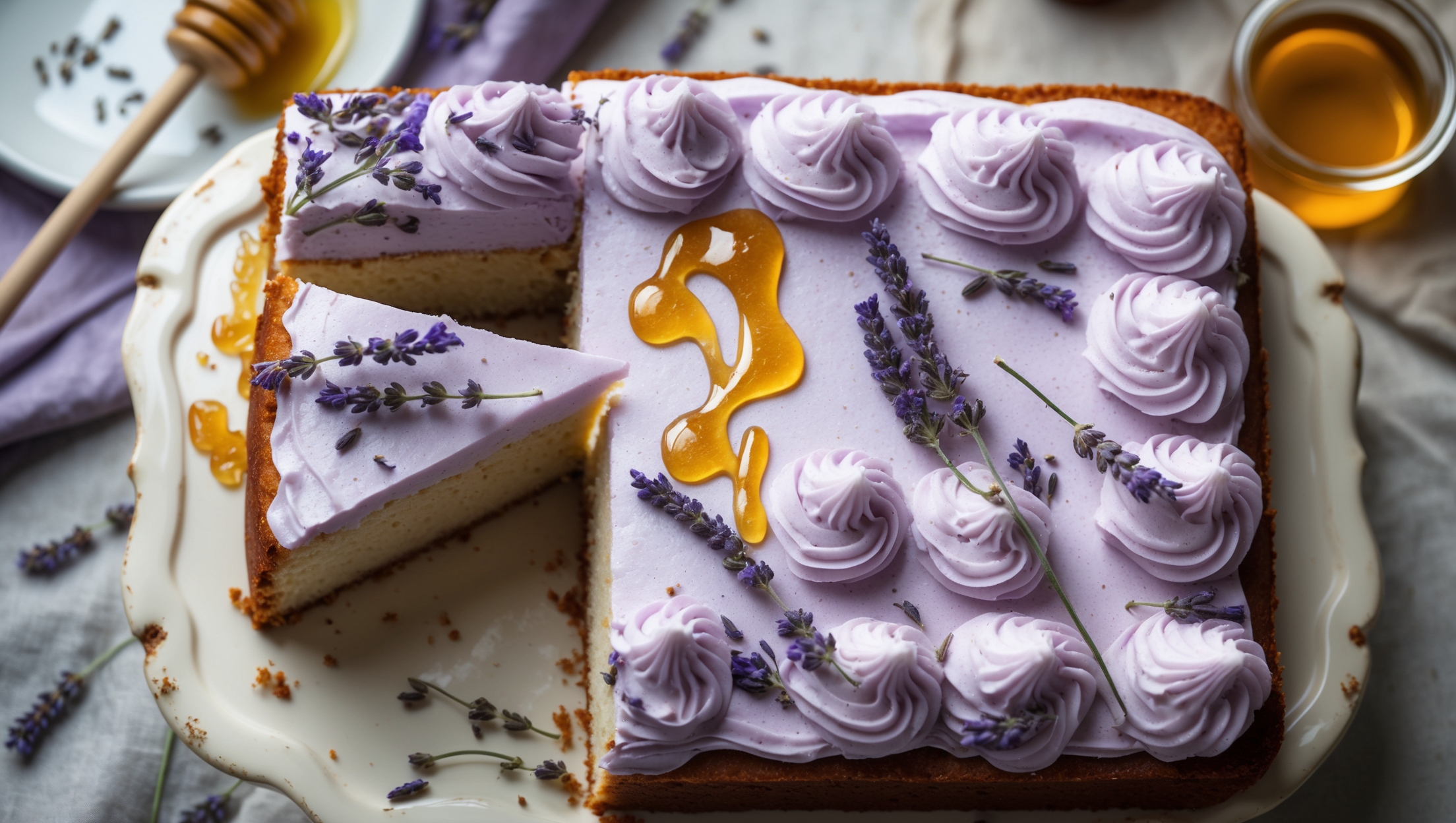 An overhead shot of a perfectly baked rectangular honey lavender sheet cake captured in soft natural daylight, with one slice removed to reveal its moist, golden crumb. The cake is topped with a smooth, pale lavender cream cheese frosting swirled into gentle peaks and valleys, garnished with sprigs of fresh lavender and a drizzle of golden honey that catches the light. Scattered dried lavender buds provide delicate purple accents against the creamy frosting. The cake rests on a vintage white ceramic cake stand against a neutral linen tablecloth, with a honey dipper and small jar of honey visible in the blurred background.