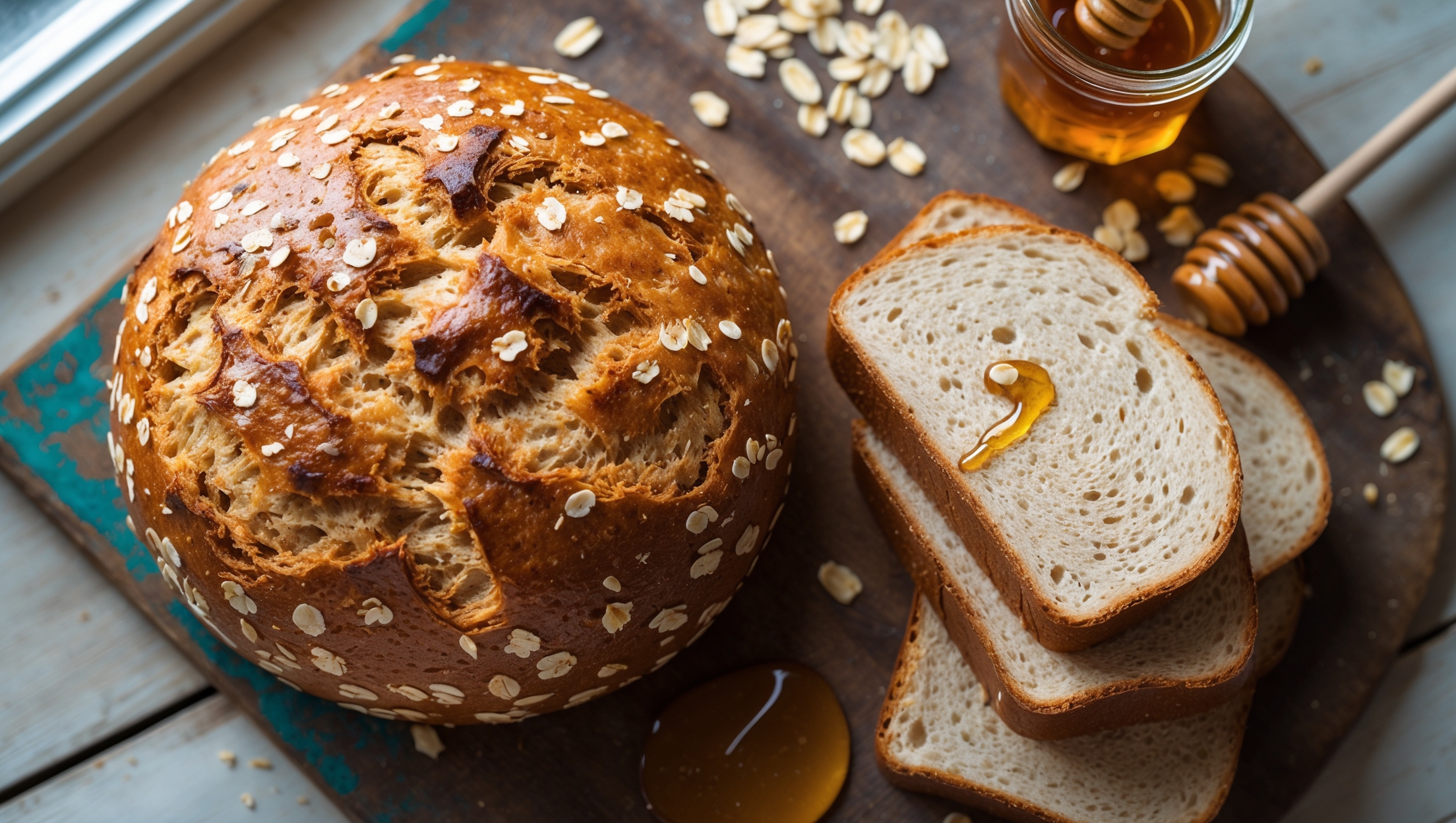 An overhead shot of a perfectly baked honey oat loaf with a golden-brown domed top, showcasing the scattered oat flakes baked into the crust. A cross-section view reveals a tight, even crumb with visible oat specks throughout. Soft natural light streams through a kitchen window, highlighting the bread's warm honey tones against a weathered wooden board. Several slices stand propped against the main loaf, displaying their perfect sandwich-ready texture, while a small jar of amber honey with a wooden dipper and scattered raw oats create context around the composition. A light drizzle of honey glistens on one slice, emphasizing the bread's sweet undertones.