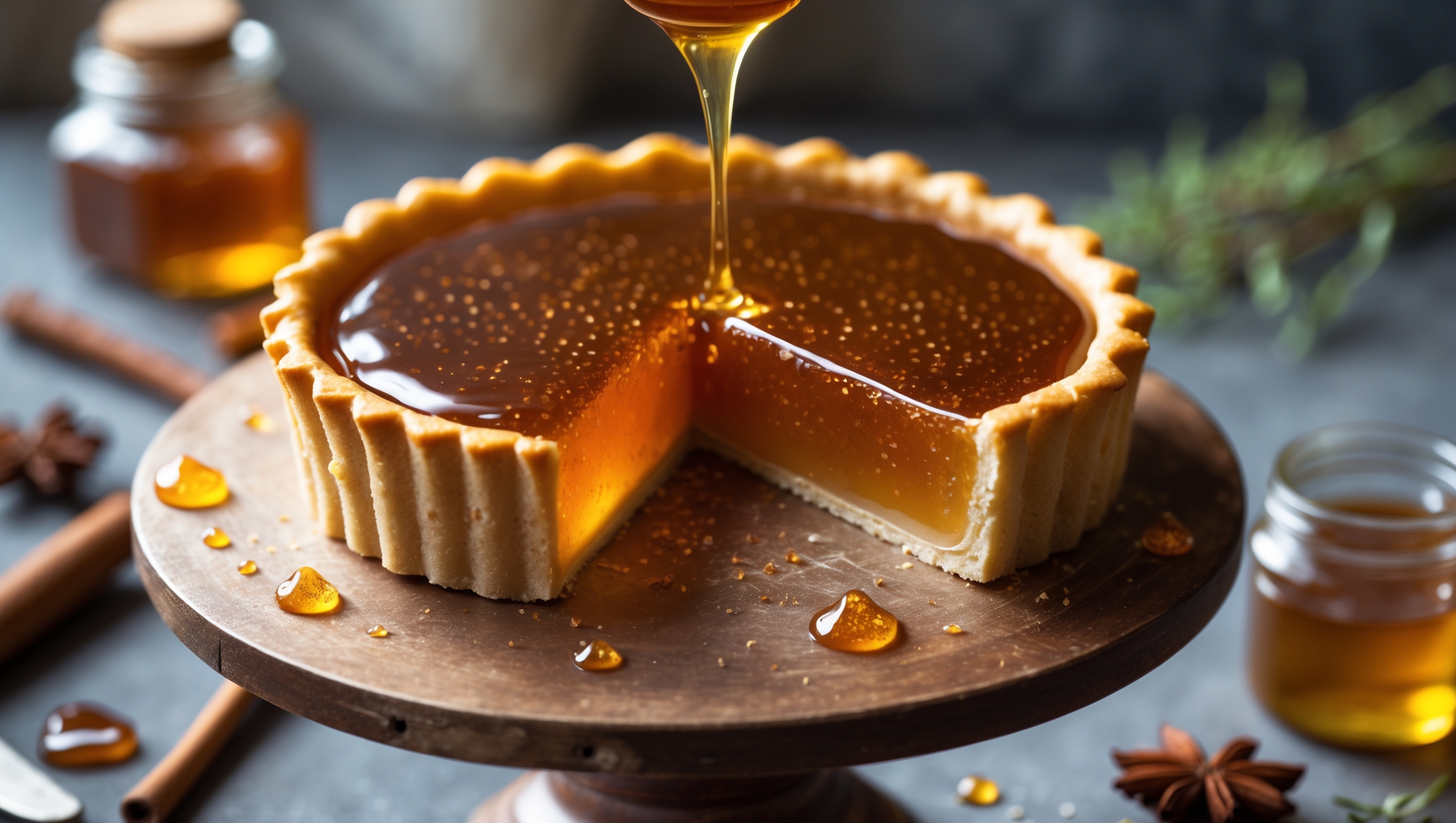 A golden-hued honey tart photographed in soft natural light, with the cross-section revealing its perfect layers – a crisp, golden-brown shortcrust base supporting a glistening amber honey filling. The surface catches light, highlighting its mirror-like sheen and tiny caramelized bubbles. Shot from a slightly elevated angle on a vintage wooden cake stand, with scattered star anise, cinnamon sticks, and crystallized honey drips nearby. A small jar of raw honey and a few sprigs of fresh thyme sit in the blurred background, while a slice being lifted shows the perfect clean cut and silky texture of the filling.