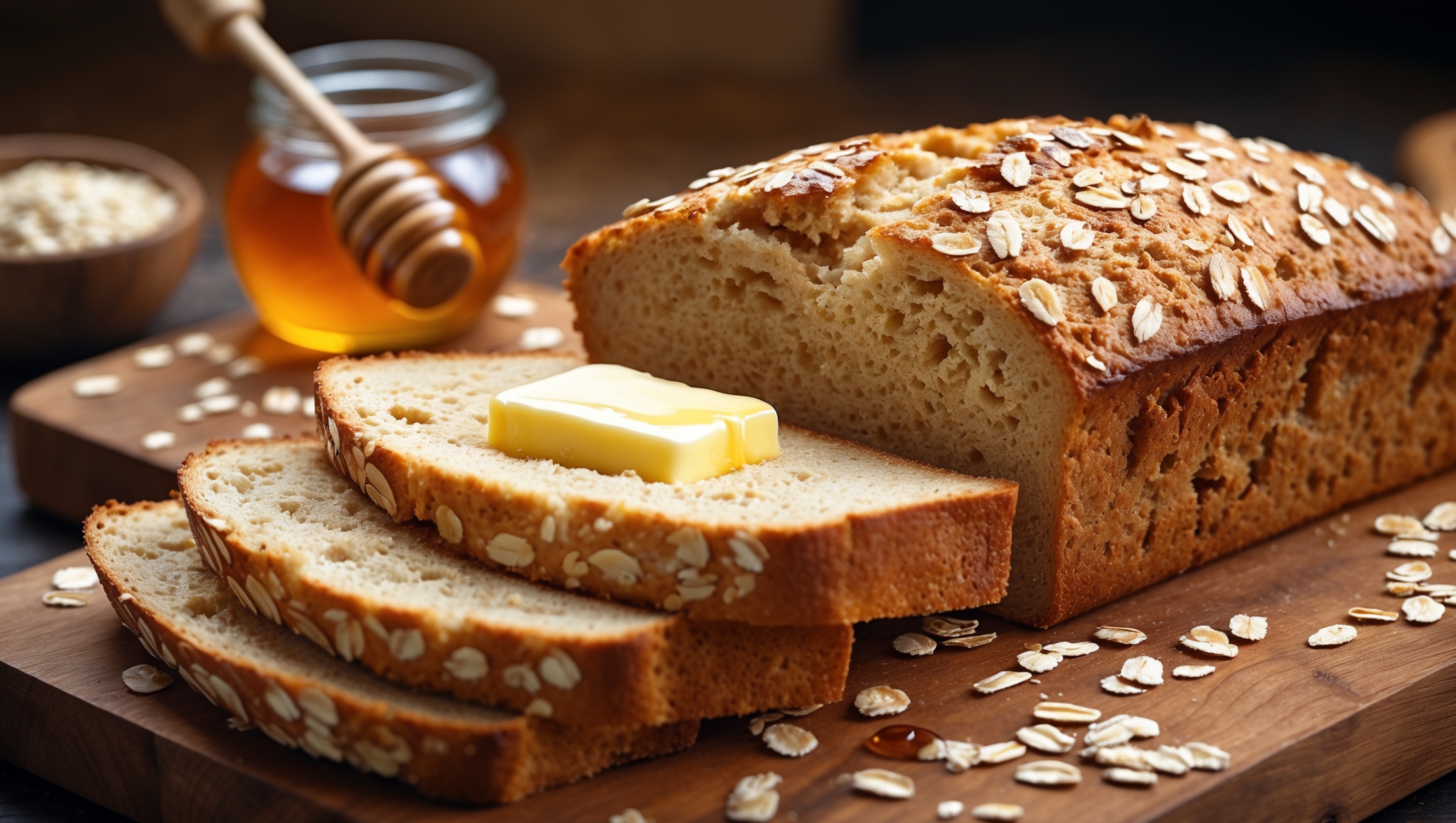 A freshly-baked honey oatmeal loaf captured in warm natural light, sliced to reveal its light golden crumb studded with tender oats. The thick-cut slice in the foreground shows the bread's impressive height and even texture, while the background features the rustic loaf resting on a wooden cutting board with scattered oats and a small jar of amber honey with a wooden dipper. A pat of melting butter glistens on the featured slice, emphasizing the bread's warmth. The soft crust has a beautiful caramelized finish from the honey, with a light dusting of oats on top adding visual texture and rustic appeal.