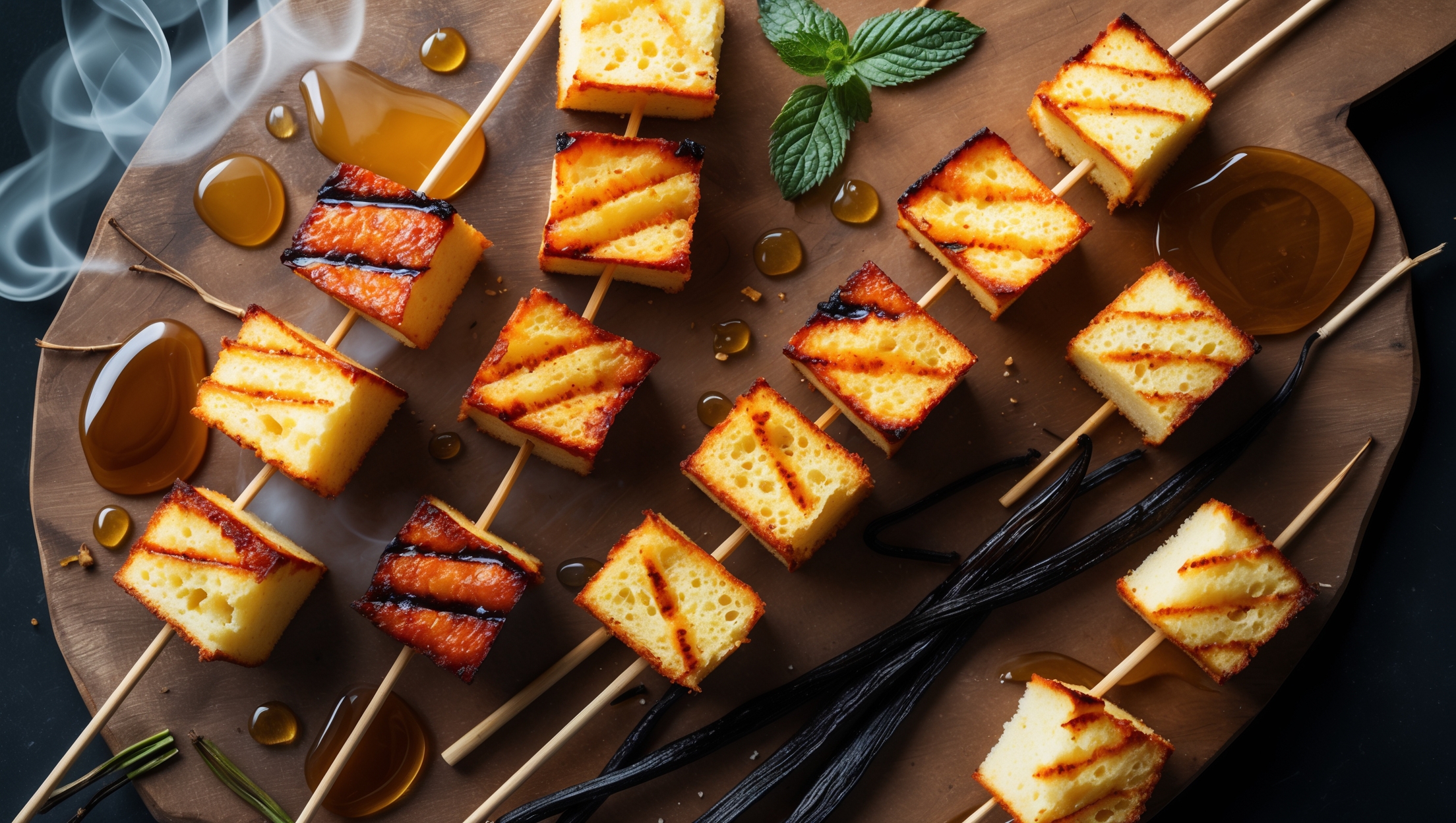 An overhead shot captures several bamboo skewers arranged on a rustic wooden serving board, each holding golden-brown cubes of sponge cake with distinctive grill marks. The soft natural light highlights the caramelized edges and fluffy interior visible in a cross-section view. A close-up reveals the delicate, spongy texture with tiny air pockets throughout. Styled with drizzles of honey forming glossy pools on the board, scattered vanilla beans, and a small pot of melted butter for brushing. Sprigs of fresh mint add color contrast against the warm amber tones of the grilled cake, while a wisp of smoke suggests they've just been taken off the heat.
