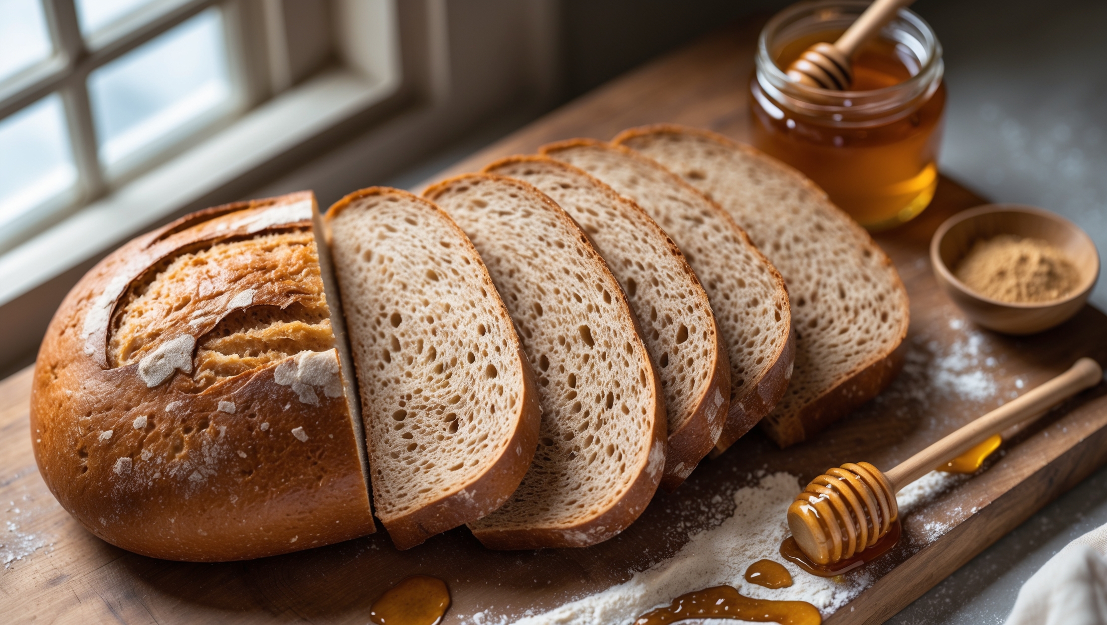 An overhead shot of a freshly-sliced honey whole wheat sandwich bread loaf on a rustic wooden cutting board, revealing its perfect light-brown crust and moist, tender crumb structure. A cross-section view shows the bread's even texture with tiny air pockets, while a soft natural light from a nearby window highlights the bread's warm golden-brown hues. A small jar of amber honey with a wooden dipper sits alongside the loaf, with a few slices arranged to display their softness and flexibility. A light dusting of whole wheat flour and a drizzle of honey add artisanal touches, emphasizing the bread's homemade quality and wholesome ingredients.