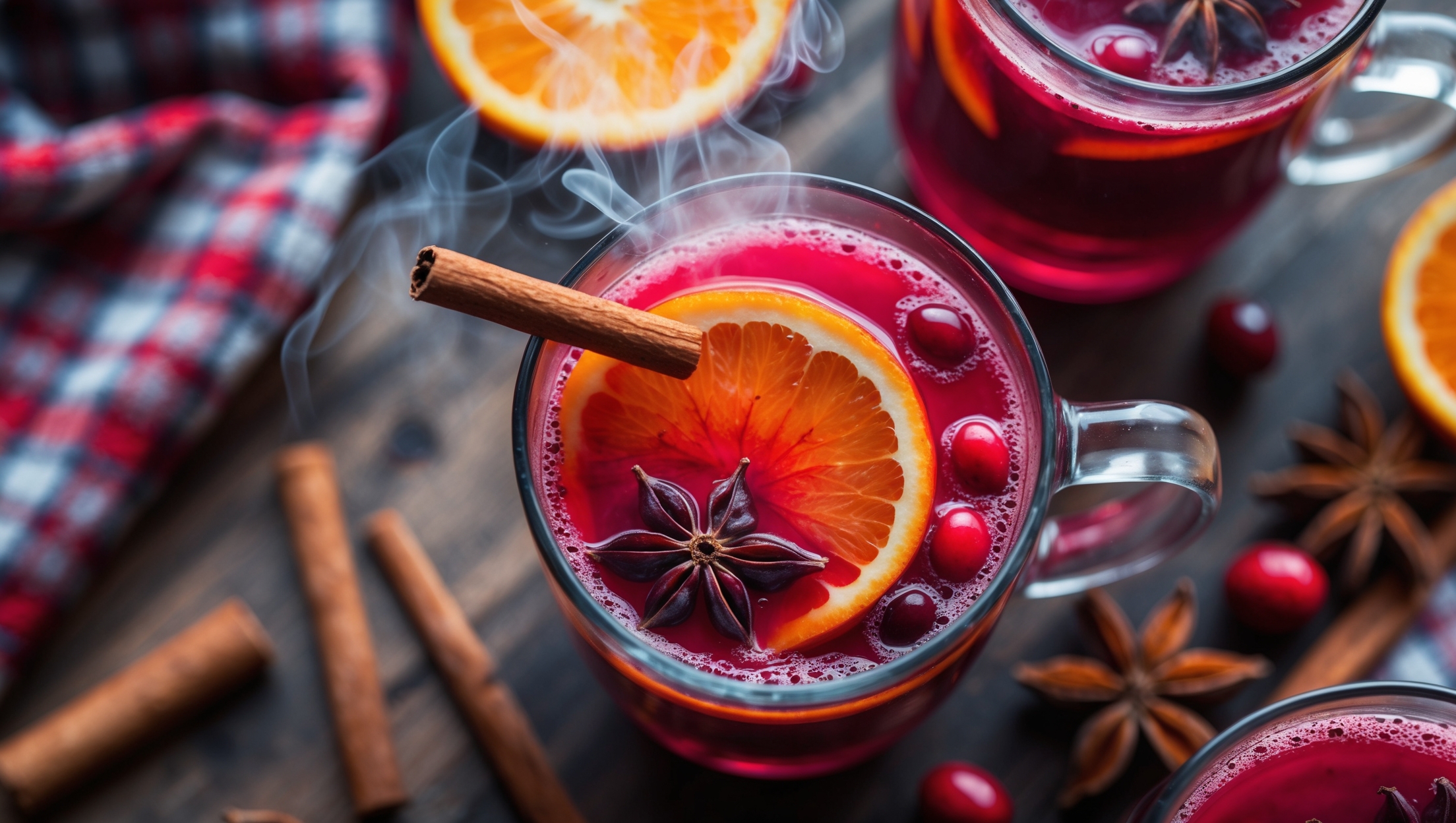 A steaming, deep ruby-red mocktail photographed from above in clear glass mugs with cinnamon stick stirrers. Shot in natural daylight highlighting the drink's rich crimson color with orange slices floating on top. Steam wisps visibly rise from the surface while star anise pods and fresh cranberries create visual texture. Close-up details show the vibrant hibiscus flowers infusing the liquid, creating a gradient effect. The background features wooden surfaces, soft plaid textiles, and scattered cinnamon sticks suggesting warmth and comfort.