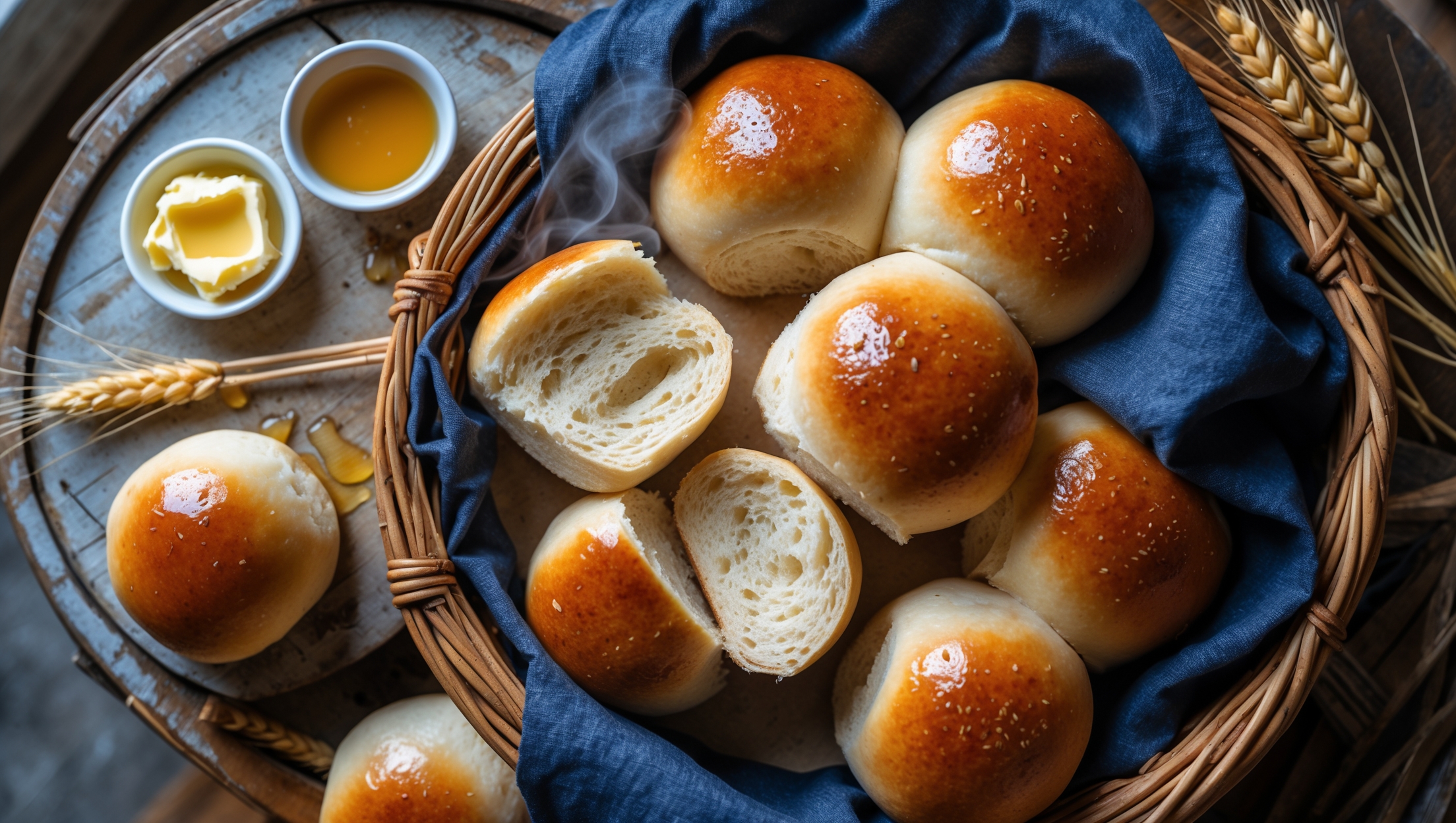 Overhead shot of a rustic wicker basket lined with a navy blue linen, filled with perfectly rounded honey wheat rolls displaying their golden-brown tops with a subtle sheen from honey butter glaze. A cross-section view reveals the tender, slightly caramel-colored interior with a perfect crumb structure. Soft natural window light highlights the contrast between the crisp exterior and fluffy interior. Several rolls are arranged on a weathered wooden board alongside small dishes of butter and honey, with scattered wheat stalks adding context to the composition. Steam visibly rises from a freshly broken roll, emphasizing their warm, fresh-from-the-oven appeal.
