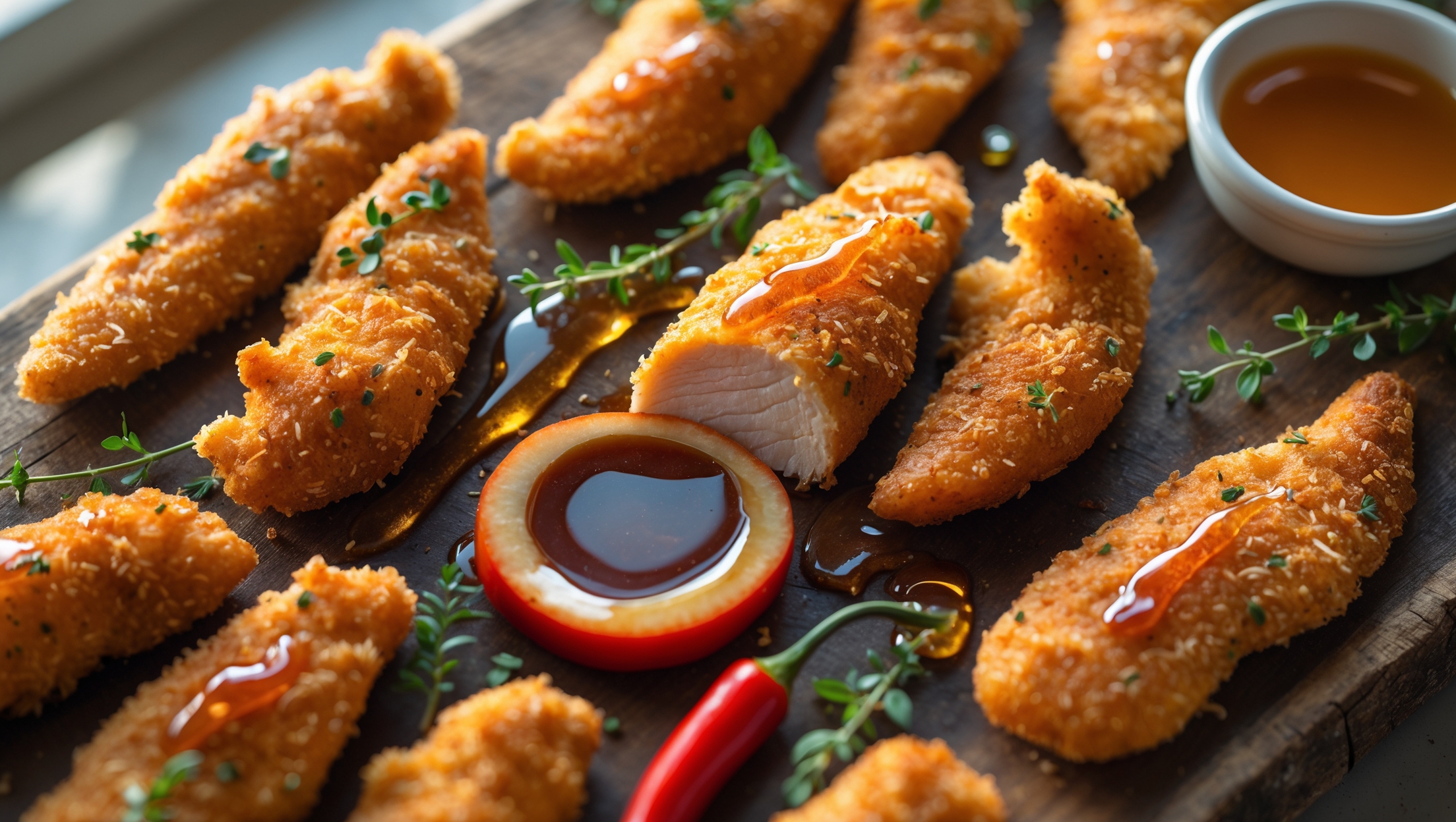 Overhead shot of golden-brown chicken tenders arranged on a rustic wooden serving board, with a small ramekin of amber-colored hot honey for dipping. A cross-section view reveals juicy, perfectly cooked chicken inside the crispy coating. The honey drizzle creates glistening trails across the tenders, catching the soft natural light streaming through a kitchen window. Fresh thyme sprigs and thinly sliced red chiles are scattered around the board, adding pops of vibrant color against the golden tenders. Visible specks of spices in the breading hint at the flavor-packed coating, while wisps of steam indicate they're fresh from the oven.