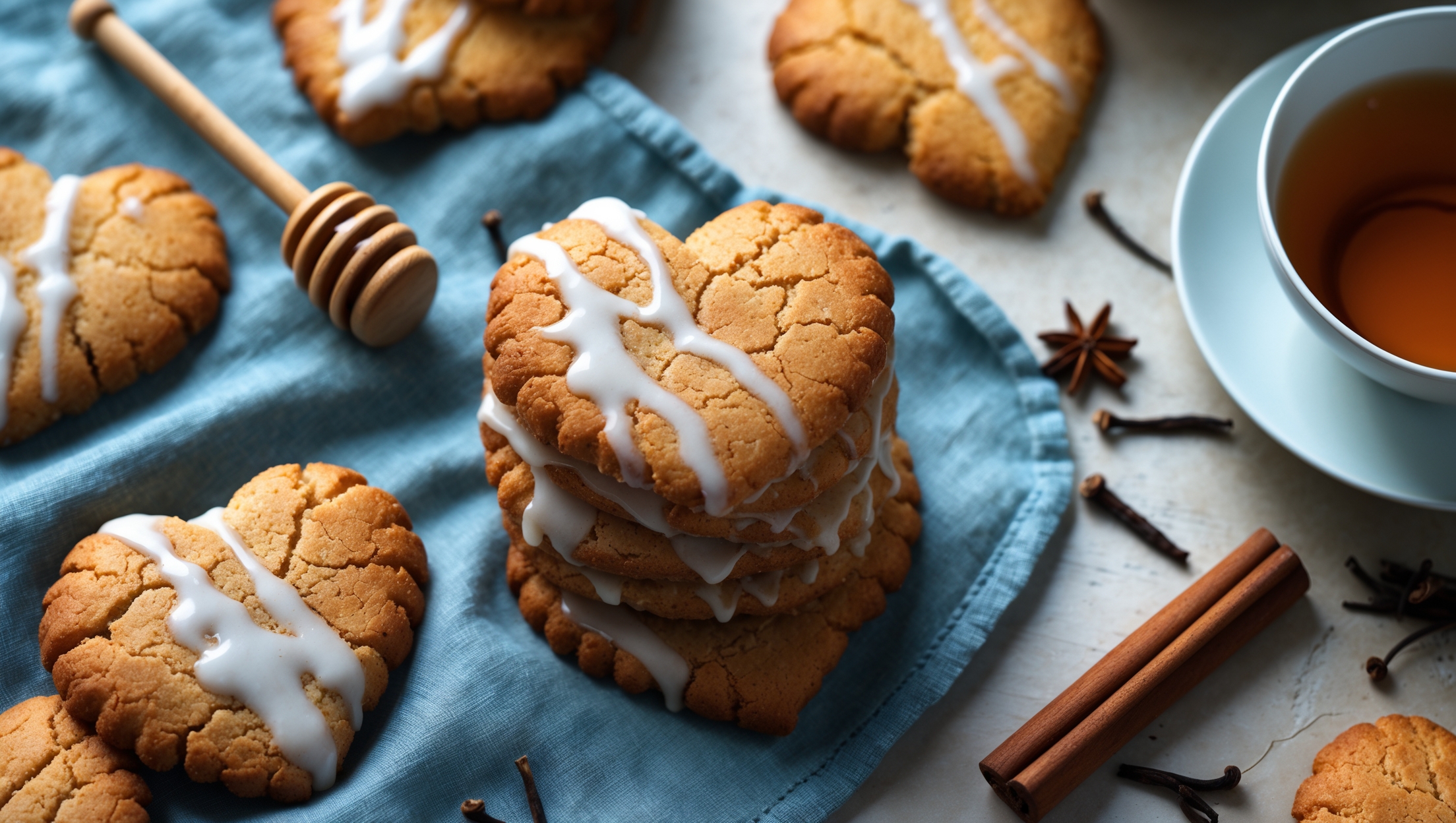 An overhead shot of rustic heart-shaped honey cookies arranged on vintage blue linen, with a few cookies stacked to showcase their warm amber color and slightly crackled surfaces. Shot in soft natural light filtering through a kitchen window, highlighting the glossy white glaze drizzled across some cookies, while others remain unadorned to display their rich honey-brown hue. A small jar of honey with a wooden dipper, scattered cinnamon sticks, and whole cloves create context around the cookies, while a cup of steaming tea suggests the perfect pairing. A close-up reveals the tender, cakey texture with tiny air pockets characteristic of these traditional Danish Christmas treats.