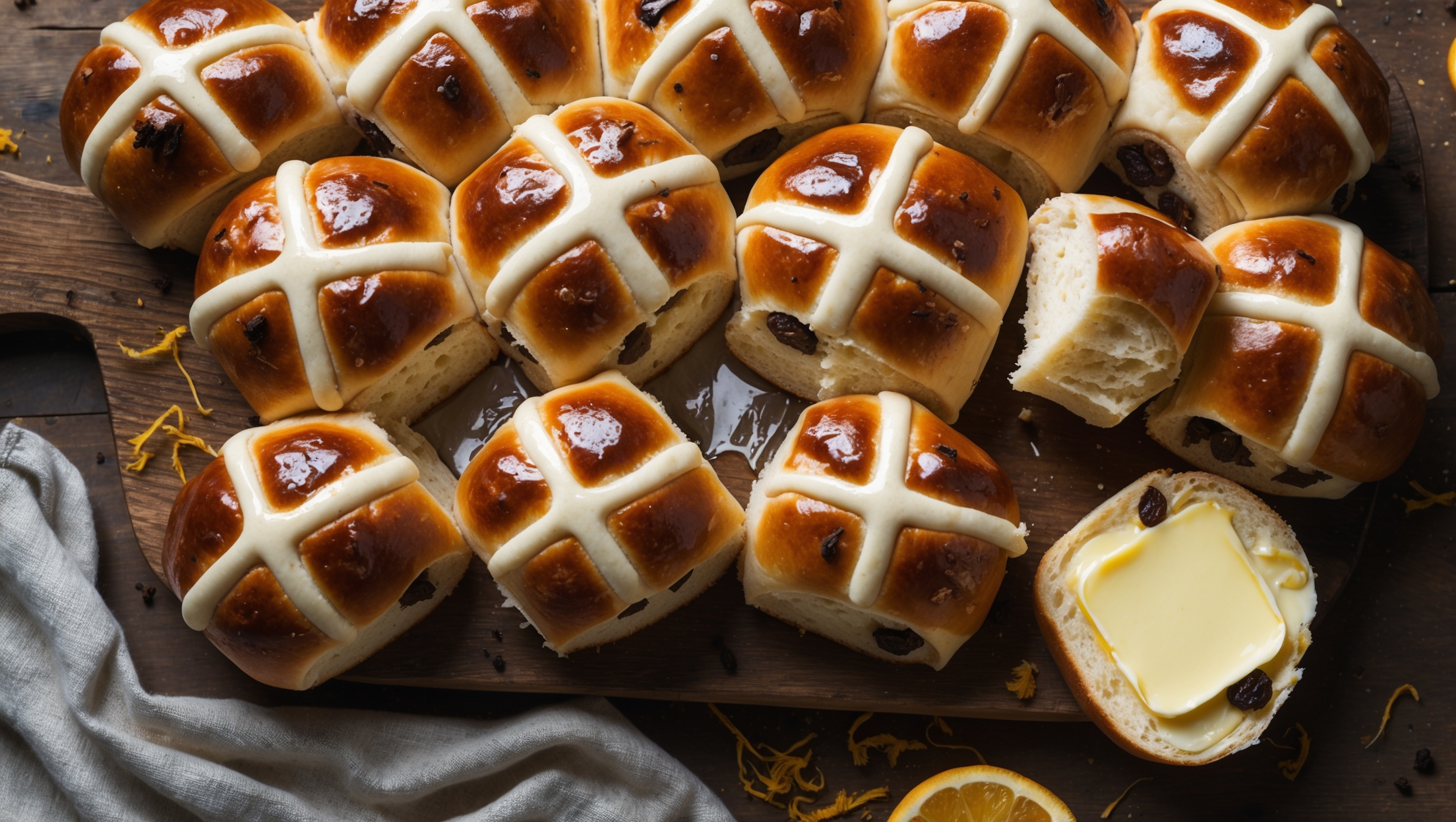 Overhead shot of golden-brown Hot Cross Buns arranged on a rustic wooden board, their distinctive white crosses gleaming against the burnished tops. A cross-section view reveals a soft, pillowy interior studded with plump raisins and candied citrus peel. Captured in warm natural morning light, several buns are arranged in a traditional cluster while one sits apart, split and spread with a glistening layer of butter that's just beginning to melt. Scattered spices and orange zest surround the composition, with a vintage linen napkin adding textural contrast to the scene. Steam rises gently from the freshly baked buns, hinting at their warm, aromatic spices.