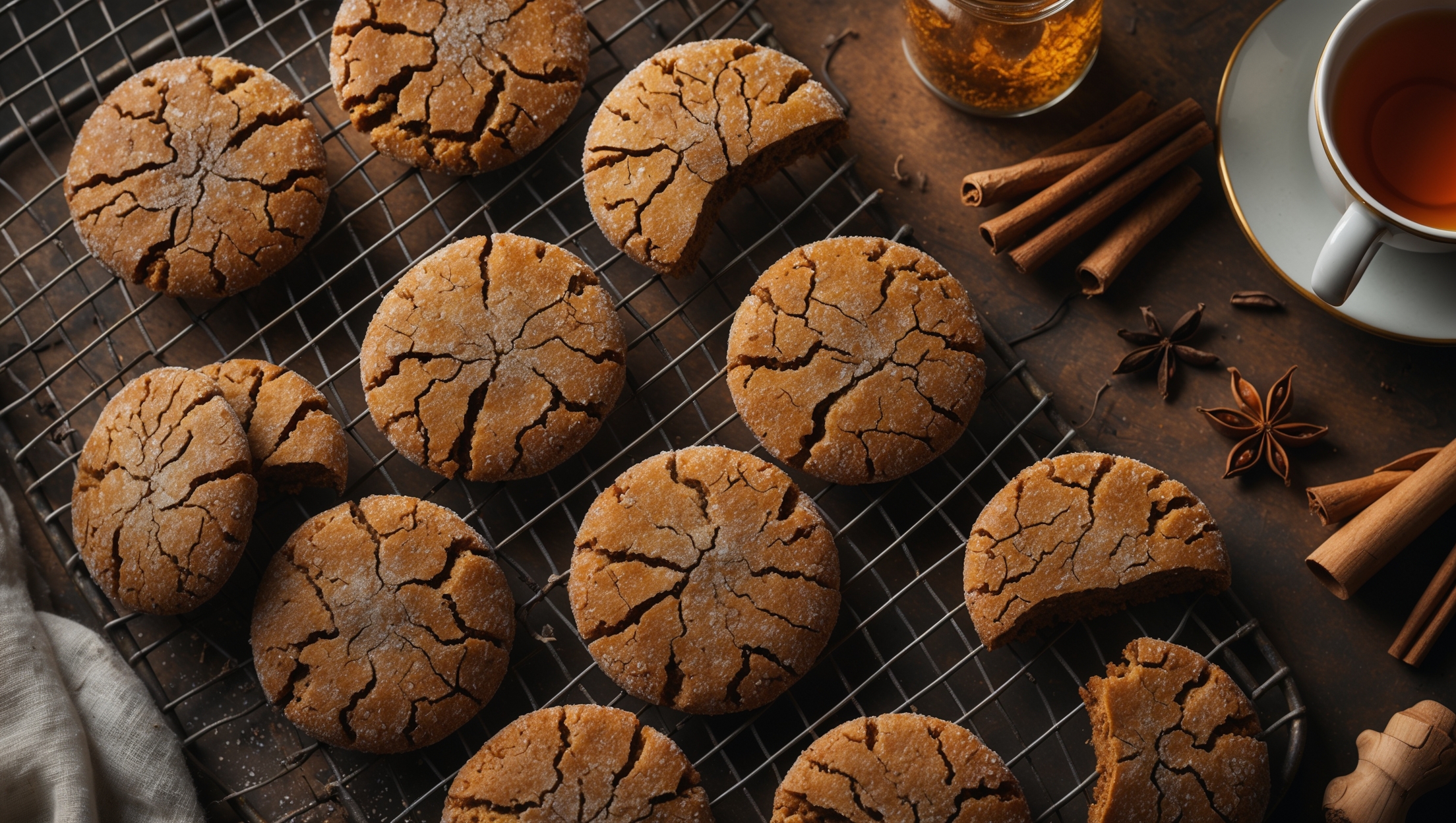 An overhead shot of rustic ginger cookies with distinctive crackled tops arranged on a vintage wire cooling rack, with a few cookies broken in half revealing chewy centers contrasting with crisp edges. Warm golden-hour lighting accentuates the rich amber and deep brown tones of the cookies, highlighting their sugar-dusted surfaces that glisten slightly. In the background, a small ceramic jar of crystallized ginger sits alongside whole spices—cinnamon sticks, star anise, and cloves—scattered artfully on a weathered wooden board. A partial cup of tea appears at the frame's edge, suggesting the perfect pairing for these aromatic molasses and treacle-infused treats.