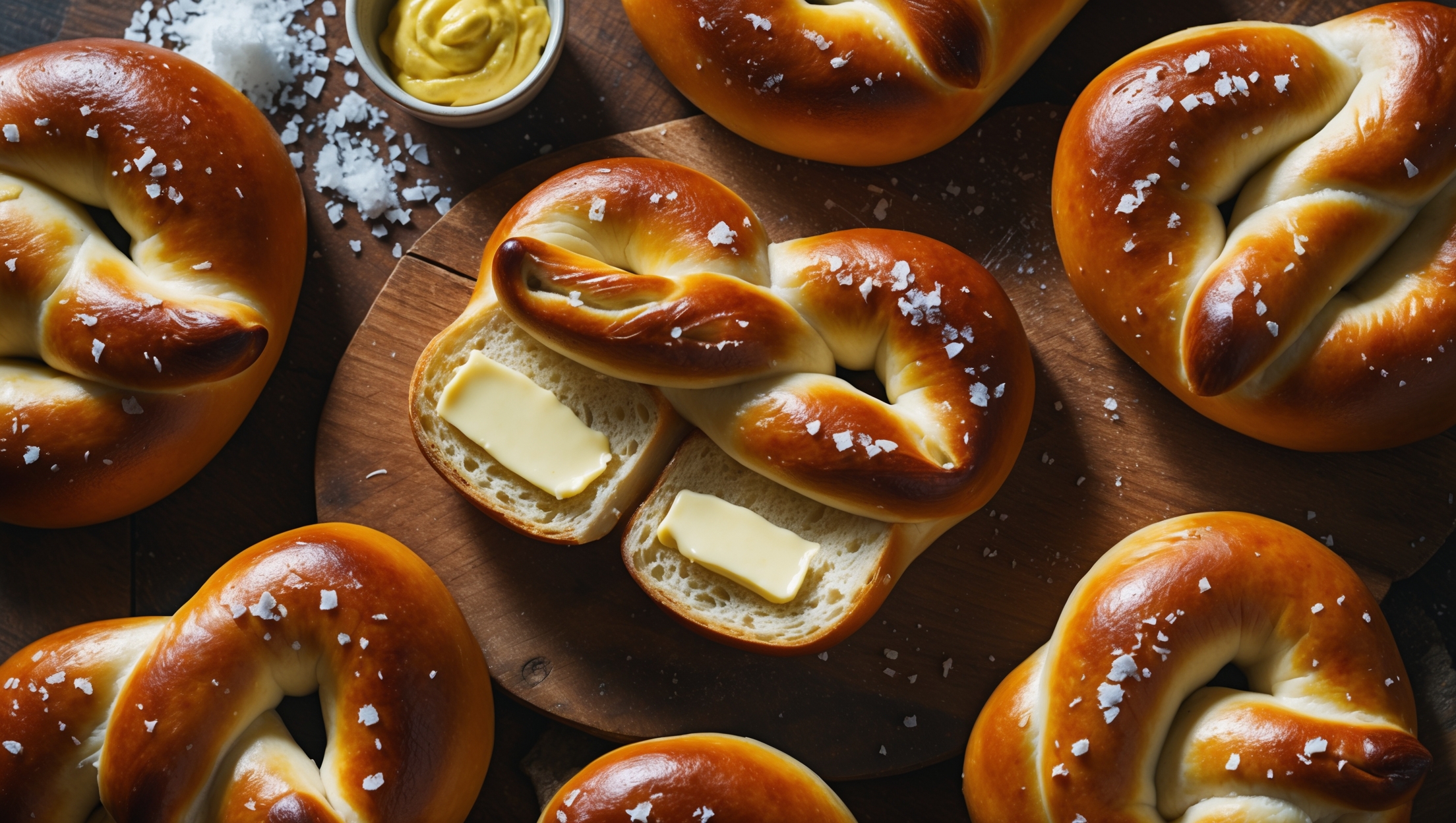 An overhead shot of freshly baked soft pretzels arranged on a rustic wooden board, their deep amber surfaces glistening with brushed butter and sprinkled with coarse salt crystals. A cross-section view reveals the pillowy, tender interior contrasting with the chewy exterior. Shot in warm, natural light that accentuates the golden-brown color and highlights the distinctive twisted pretzel shape. In the background, a small ramekin of whole grain mustard sits beside a scattered handful of pretzel salt, while steam visibly rises from the still-warm batch, suggesting they've just emerged from the oven.