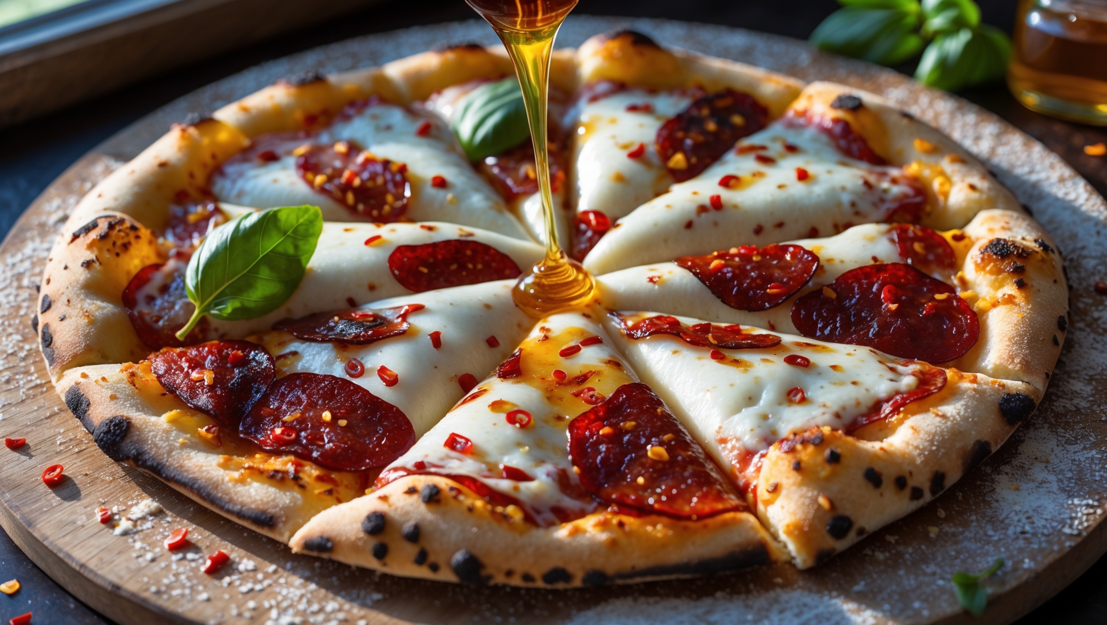 An overhead shot of a perfectly baked Hot Honey Soppressata Pizza, showcasing a golden-brown crust with charred bubbles along the edge. The crispy soppressata curls slightly at the edges, glistening with a generous drizzle of amber hot honey that catches the soft natural light streaming in from a nearby window. Melted mozzarella cheese stretches as a slice is being pulled away, revealing the thin, perfectly cooked crust underneath. Flecks of red chili flakes add color contrast against the cheese, while fresh basil leaves provide vibrant green accents. The pizza rests on a rustic wooden pizza peel dusted with semolina, with scattered ingredients – honey, chilis, and fresh herbs – artfully arranged in the background.