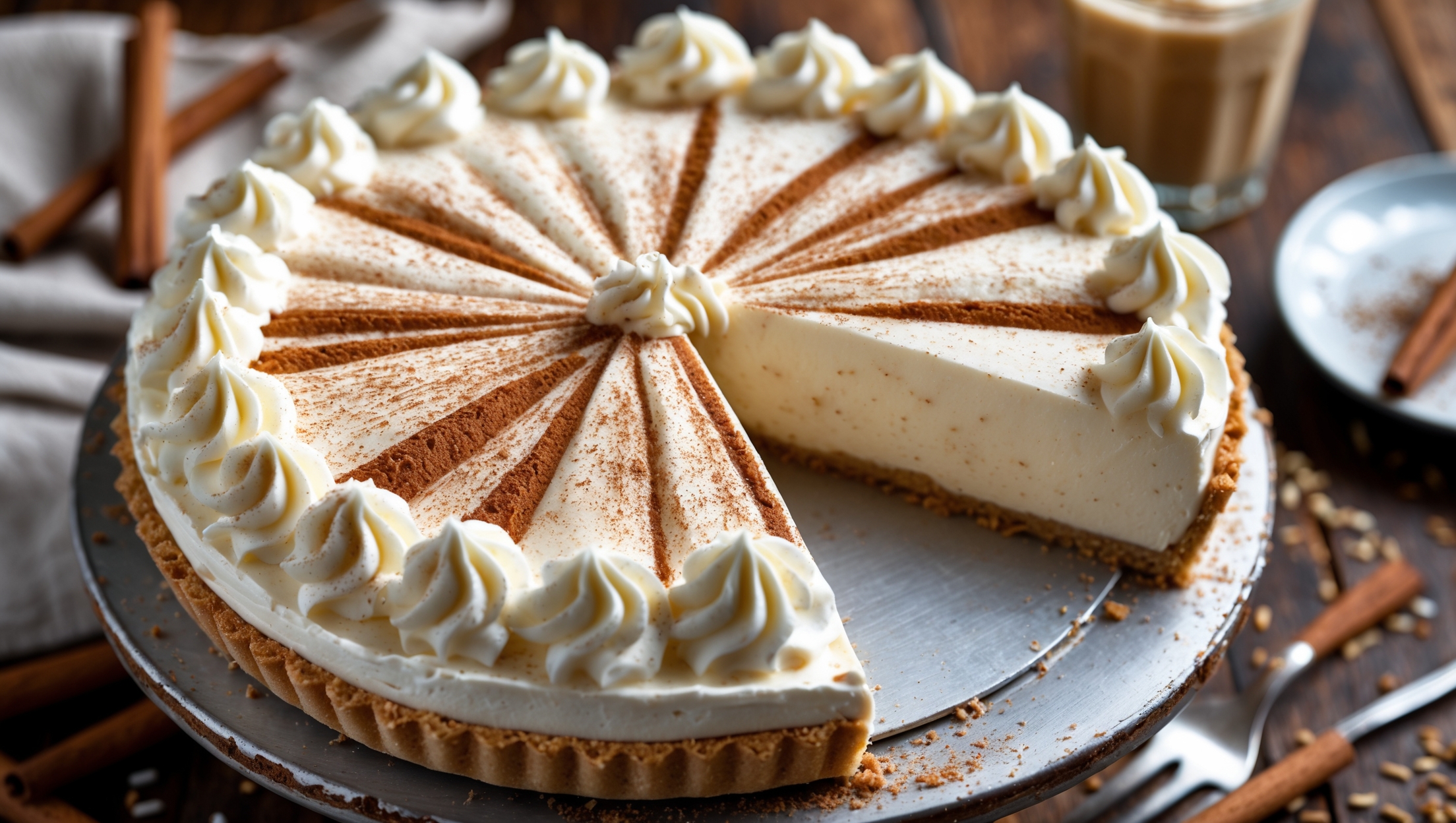 An overhead shot of a perfectly sliced Horchata Cream Pie reveals its luscious, ivory-colored filling with tiny flecks of cinnamon against a golden-brown graham cracker crust. Soft natural light streams across the surface, highlighting the contrast between the silky-smooth filling and the textured crust. The pie sits atop a weathered wooden cake stand, with a delicate dusting of cinnamon creating a beautiful pattern across the whipped cream topping. In the background, a small glass of horchata with a cinnamon stick garnish complements the scene, while scattered cinnamon sticks and rice grains hint at the key ingredients. The cross-section reveals the perfect texture – firm enough to hold its shape yet creamy enough to yield to a fork.