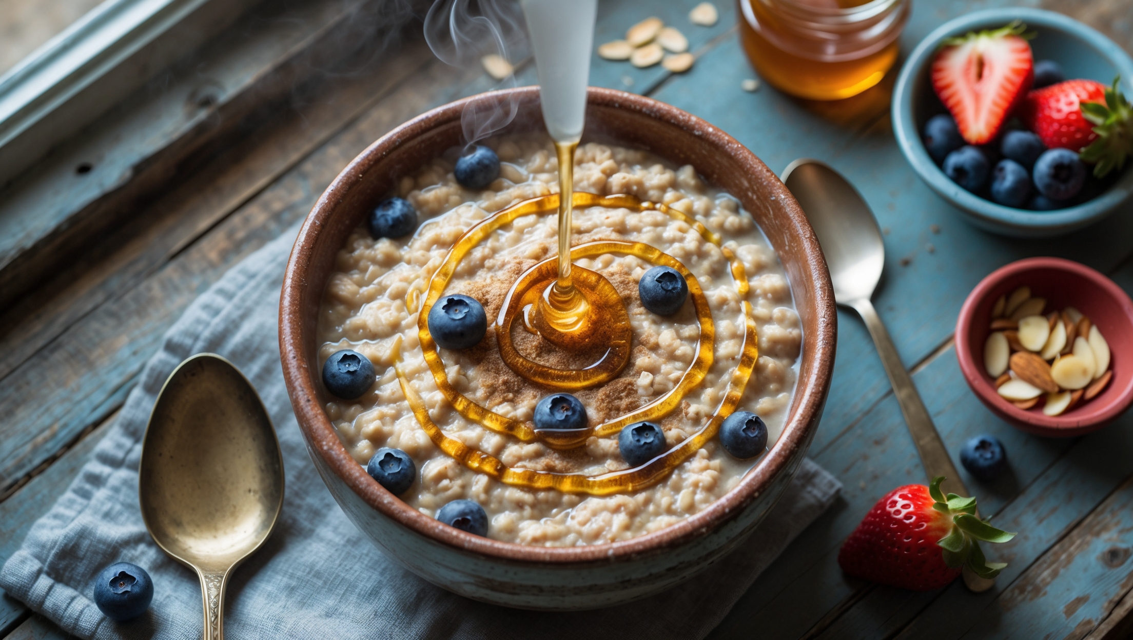 An overhead shot of a rustic ceramic bowl filled with perfectly cooked oatmeal, with a spiral of golden honey drizzled across the surface. The oatmeal's creamy texture is evident, with steam gently rising in the soft morning light filtering through a nearby window. Surrounding the main bowl are small dishes of colorful toppings: fresh blueberries, sliced strawberries, toasted almond slivers, and a sprinkle of cinnamon visible on the oatmeal's surface. The scene is set on a weathered wooden table with a vintage spoon resting alongside the bowl and a small pot of honey with a dipper positioned nearby, creating a cozy breakfast moment.