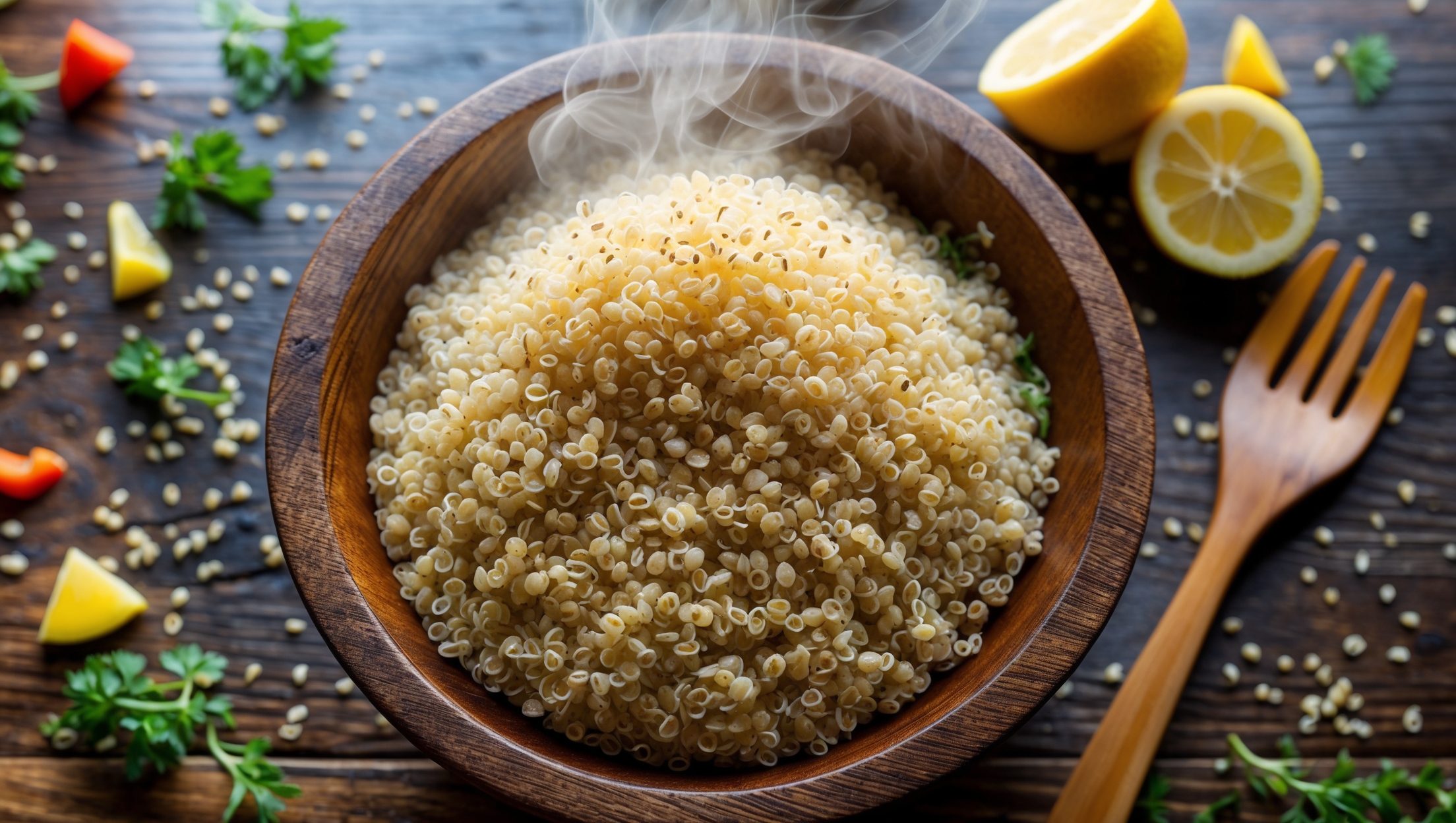 An overhead shot of a wooden serving bowl filled with fluffy, perfectly separated quinoa grains, steam gently rising from the mound. The quinoa has a beautiful two-tone appearance with pearl-white grains showing their distinctive spiral germs. Natural window light highlights the texture of each grain, while scattered fresh herbs and lemon wedges add vibrant color contrast around the edges. A wooden fork rests alongside, with a few colorful vegetables like diced red bell pepper and cucumber visible, suggesting a forthcoming quinoa salad. The rustic wooden table beneath adds warmth to the composition, emphasizing the wholesome, earthy nature of this nutritious grain.