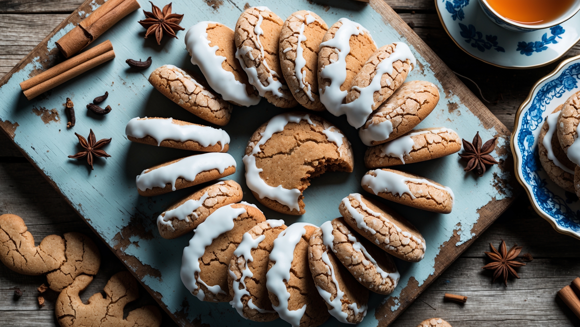 An overhead shot of rustic iced ginger cookies arranged in a casual spiral on a weathered wooden board, with a few cookies broken in half to reveal their chewy centers. Soft natural light streams across the scene, highlighting the crackled pattern of white royal icing against the rich amber-colored cookies. A scattering of crystallized ginger pieces and whole spices—cinnamon sticks, star anise, and cloves—frames the composition, while a vintage blue ceramic plate holds a small stack of cookies in the background. Steam rises from a cup of tea positioned at the corner, suggesting these cookies are fresh from the oven and ready to be enjoyed on a cozy afternoon.