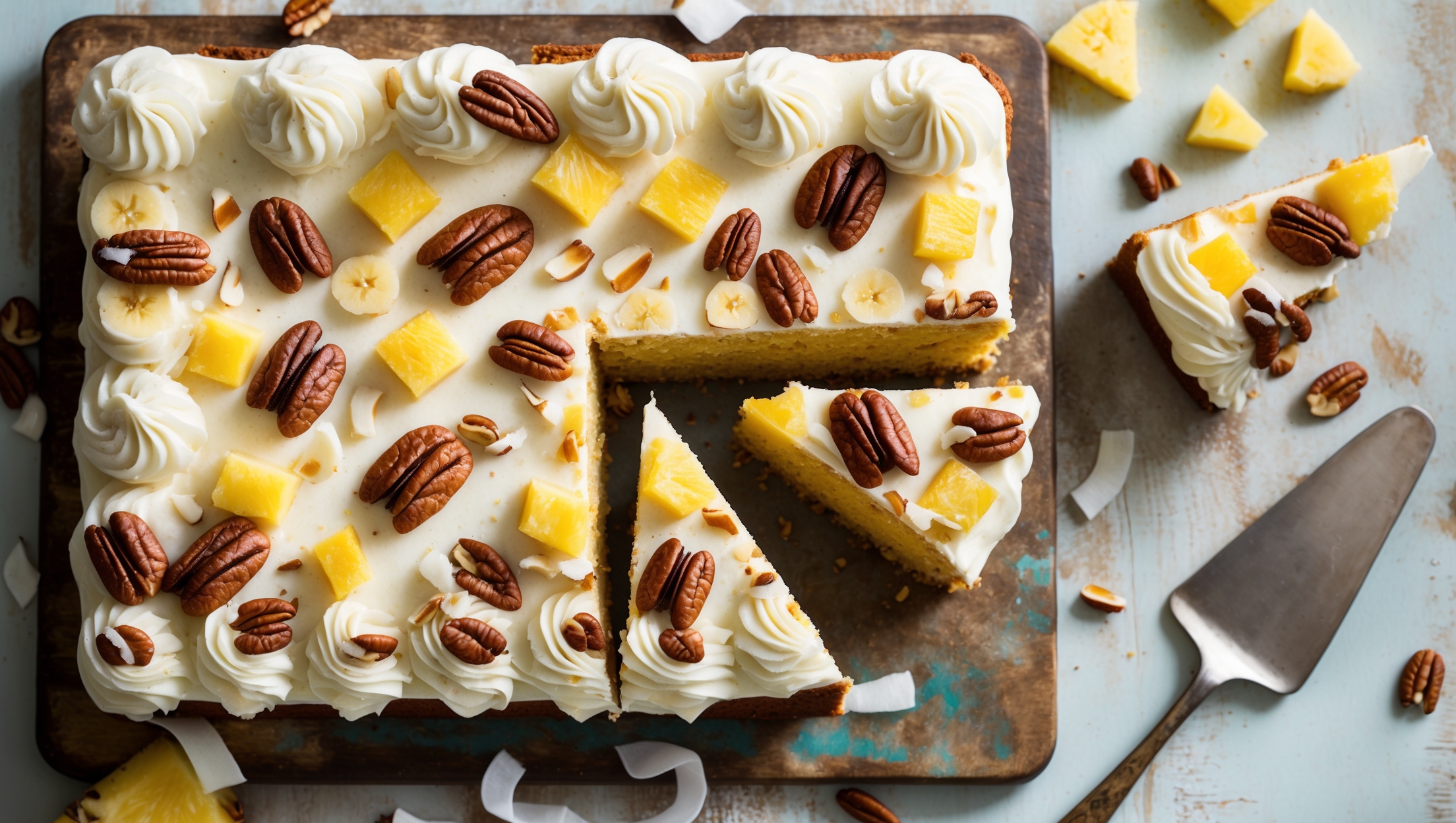 An overhead shot of a perfectly baked Hummingbird Sheet Cake on a weathered wooden cake board, with a corner piece already cut to reveal its moist, dense crumb studded with banana chunks and pineapple pieces. Soft natural light streams across the cake, highlighting the smooth cream cheese frosting swirled with decorative peaks and garnished with toasted pecan halves and coconut flakes. A scattering of fresh pineapple chunks and banana slices surrounds the cake, with a vintage cake server positioned nearby, ready to serve the next piece of this Southern classic.