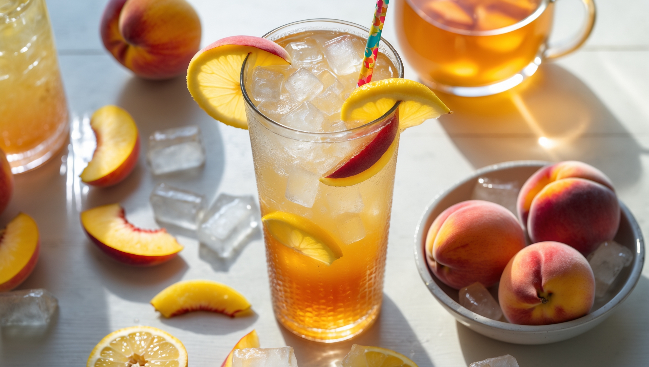 An overhead shot of a tall glass filled with iced peach tea lemonade, capturing the beautiful amber-to-yellow gradient effect where the two beverages meet. Bright natural daylight illuminates the drink from the side, highlighting the condensation beading on the glass. Slices of fresh peaches and lemons are arranged both as garnish and scattered around the base of the drink. A colorful paper straw stands in the glass, surrounded by perfectly clear ice cubes with visible peach tea frozen inside some of them. The mocktail sits on a light wooden table with a small pitcher of extra peach tea nearby and a bowl of fresh peaches, creating a cheerful summer refreshment scene.