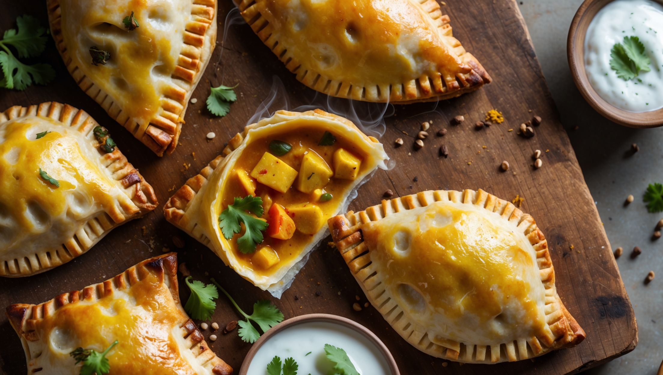 An overhead shot of golden-brown hand pies arranged on a rustic wooden board, with one broken open to reveal the vibrant yellow-orange curry filling studded with colorful vegetables and chunks of tender chicken. Soft natural light highlights the flaky pastry layers and glossy egg-washed exterior, while scattered fresh cilantro, cumin seeds, and a small bowl of yogurt dipping sauce add color contrast. Steam visibly rises from the freshly baked pies, emphasizing their just-from-the-oven appeal, with specks of spices visible in the rich filling that's just beginning to spill onto the board.