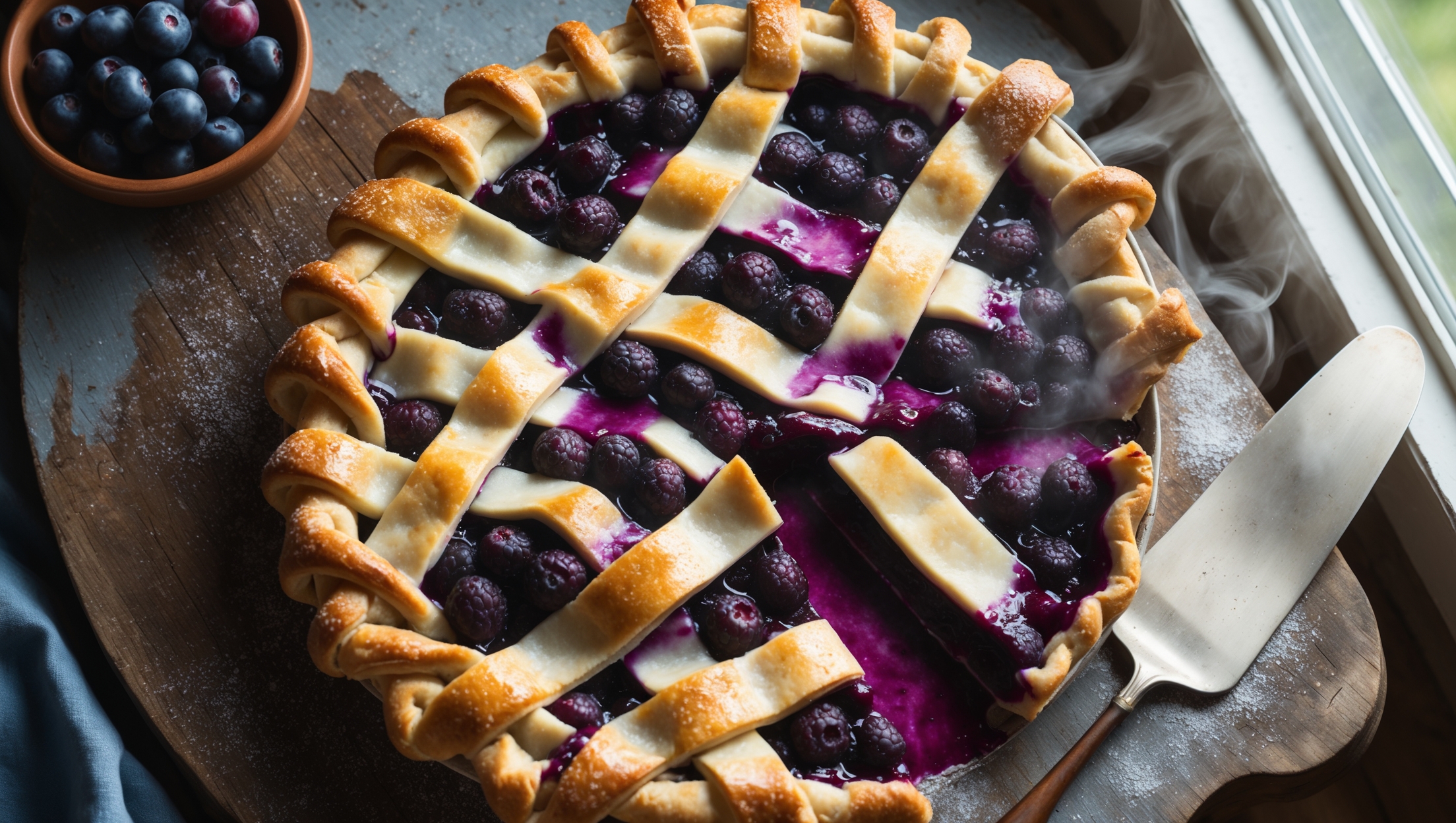 An overhead shot of a golden-brown lattice pie with deep purple huckleberry filling bubbling through the woven pastry strips. The pie sits on a weathered wooden board, dusted with a light sprinkling of demerara sugar that catches the soft natural light streaming through a kitchen window. A small bowl of fresh huckleberries and a vintage silver pie server rest beside it. The cross-section reveals a vibrant purple filling with whole berries suspended in a glossy, jammy matrix that holds its shape without being runny. Steam wisps rise from the just-cut slice, carrying the aroma of buttery pastry and sweet-tart berries.