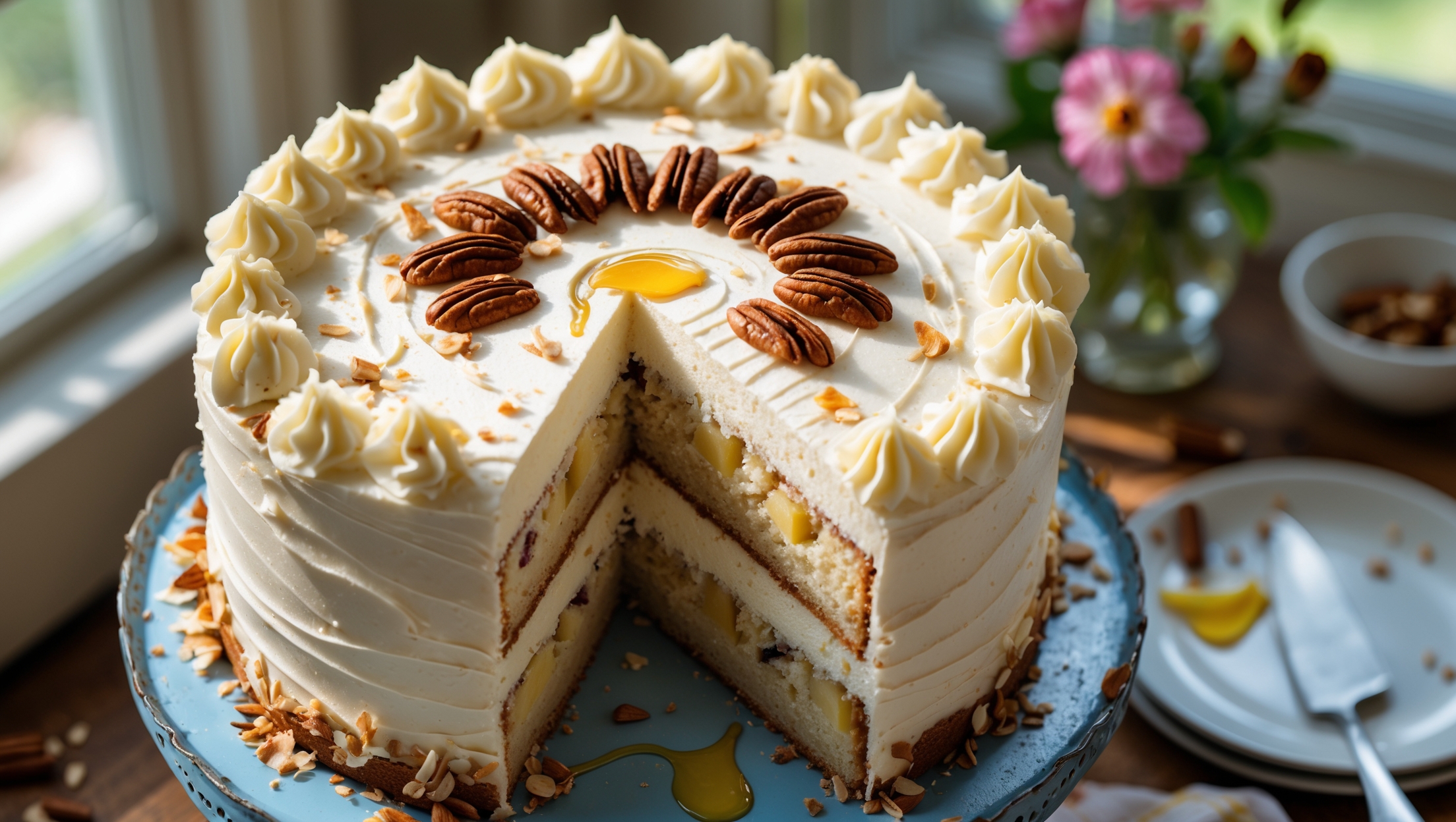 An overhead shot of a three-layer Hummingbird Cake sitting proudly on a vintage blue cake stand, bathed in soft natural light streaming through kitchen windows. The cream cheese frosting appears perfectly swirled between each layer and smoothed around the sides with rustic texture. Toasted coconut flakes and pecan halves adorn the top in a circular pattern, while a slice has been removed to showcase the cake's interior speckled with banana, pineapple chunks, and nuts. Crumbs scatter artfully on the cake server nearby, and fresh flowers add color to the scene. The golden-brown cake layers contrast beautifully with the ivory frosting, while a drizzle of honey catches the light as it cascades down one side.