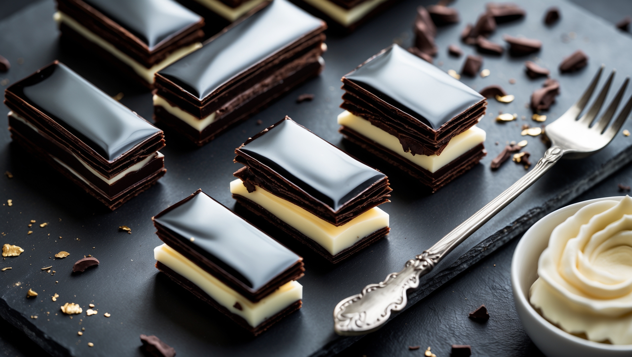 An overhead shot captures the geometric precision of rectangular mille-feuille portions, their glossy black mirror glaze reflecting studio lights like calm water. A cross-section view reveals the dramatic contrast between dark chocolate pastry layers and ivory vanilla crème, while a close-up highlights the paper-thin, perfectly flaky chocolate pastry shattering under gentle pressure. Photographed in soft, diffused light against a matte black slate surface, with scattered cacao nibs and gold leaf accents adding texture and luxury. A vintage silver dessert fork rests alongside, pressing into one portion to showcase the precise layers and satisfying resistance of the pastry.